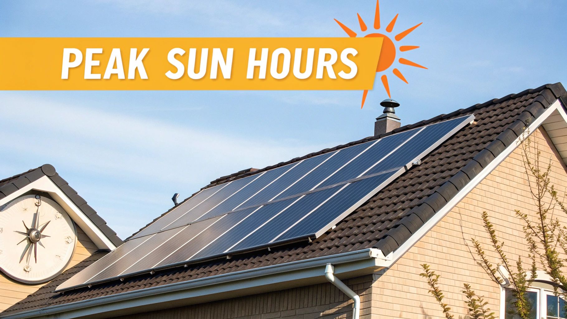 A sun-drenched rooftop with solar panels, illustrating the concept of peak sun hours.