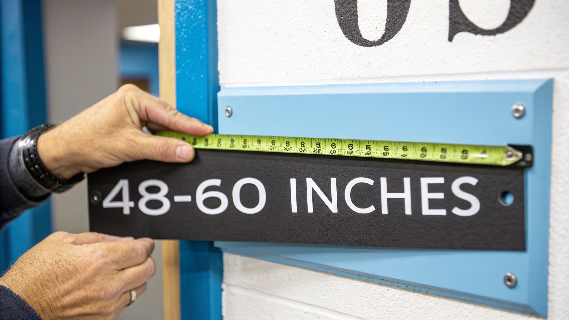A close-up of a person's hand touching the Braille on a blue and white ADA compliant sign.