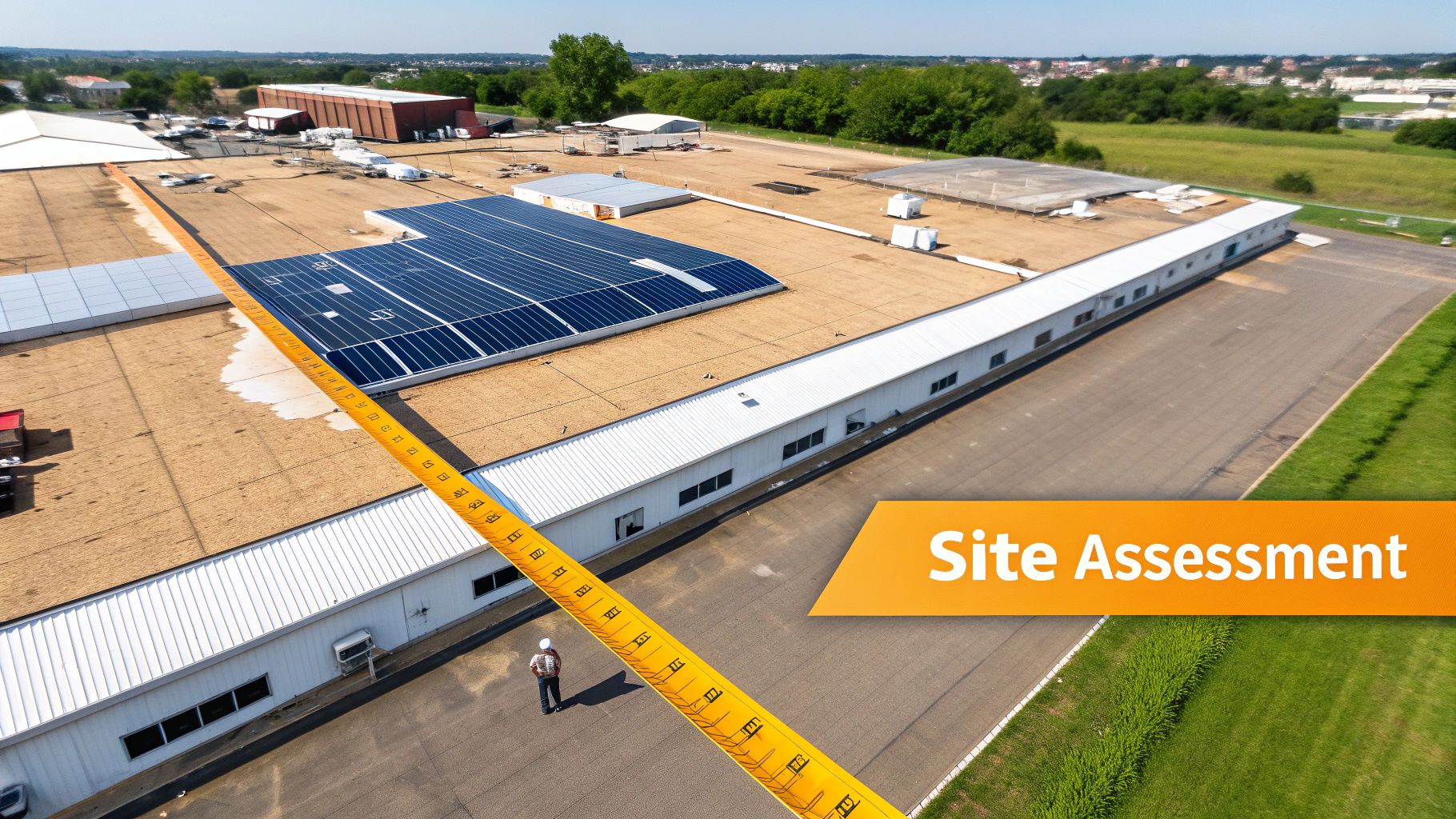 Rooftop solar panels on a commercial building