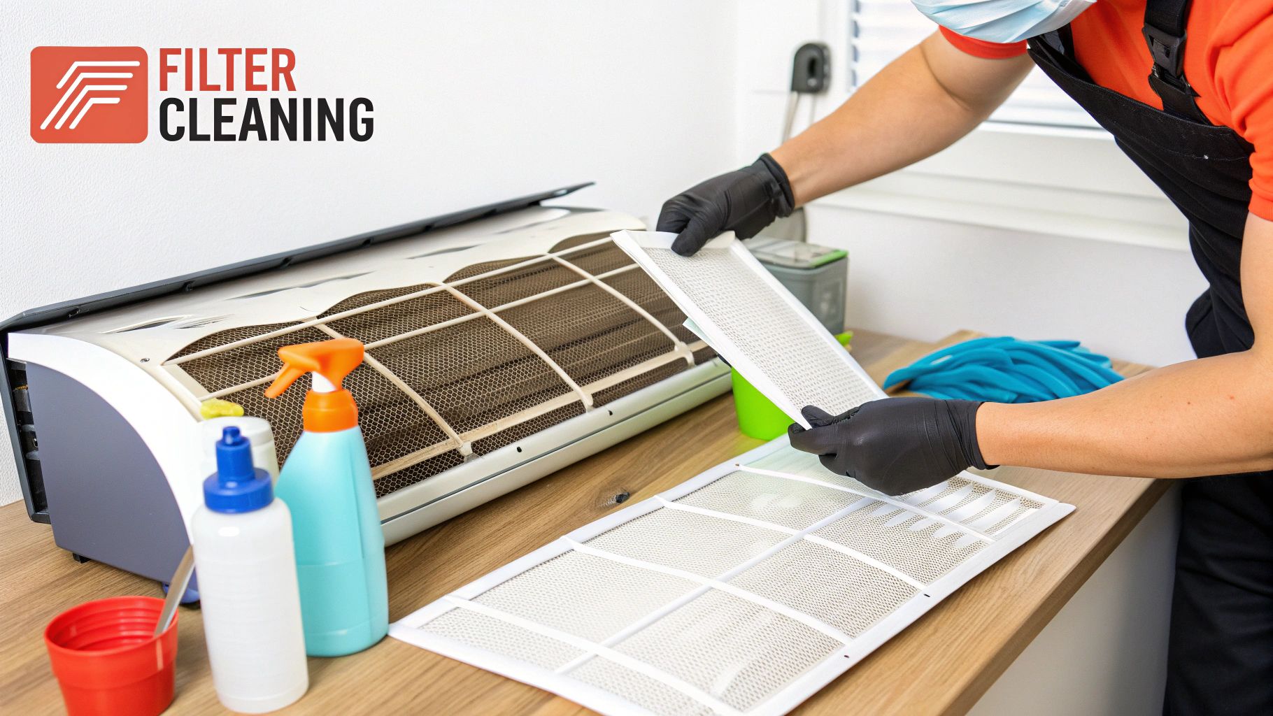 A person cleaning the filter of a ductless air conditioner unit.