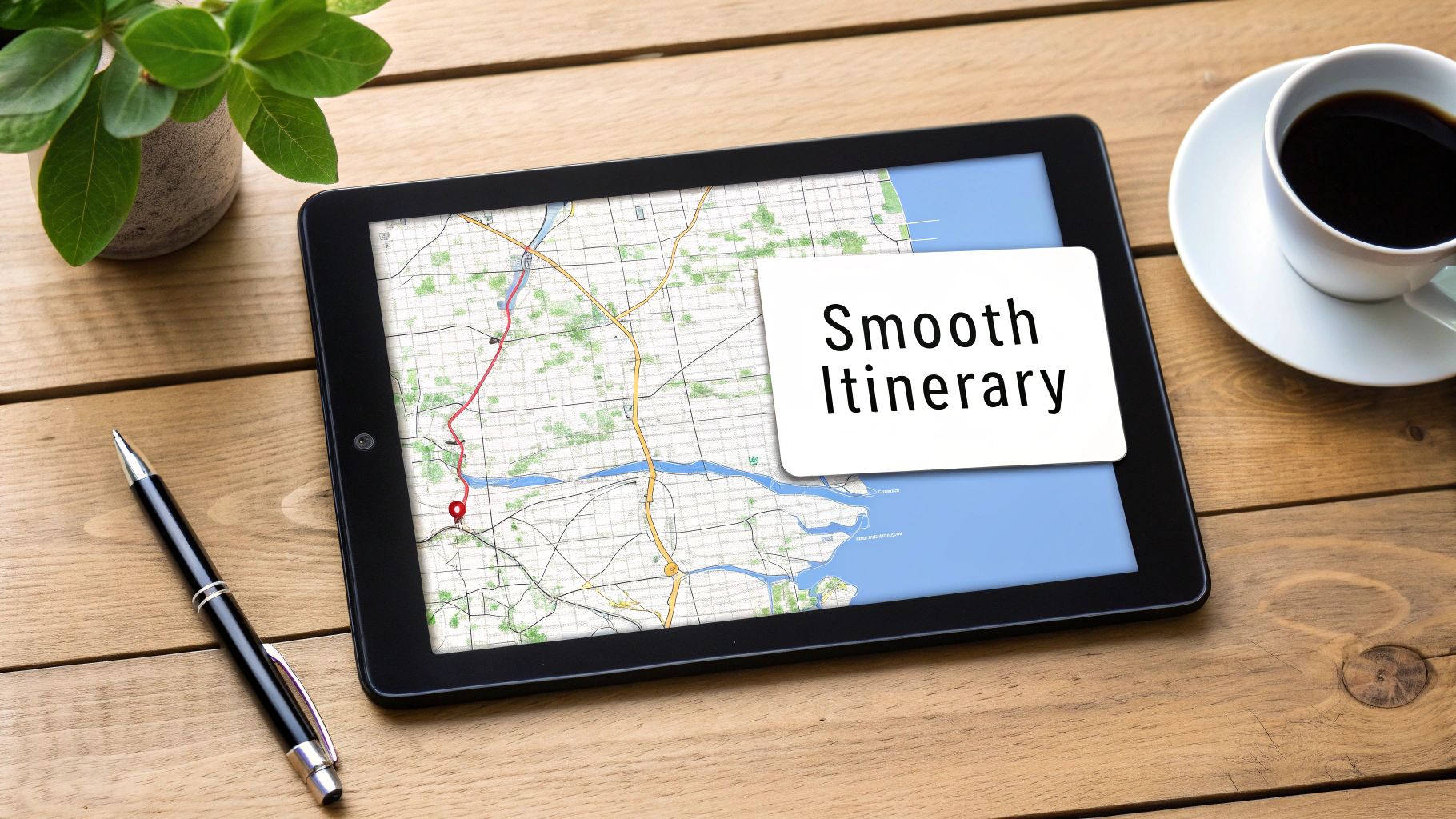 A person reviewing a travel itinerary on a tablet, with a map of Long Island in the background.