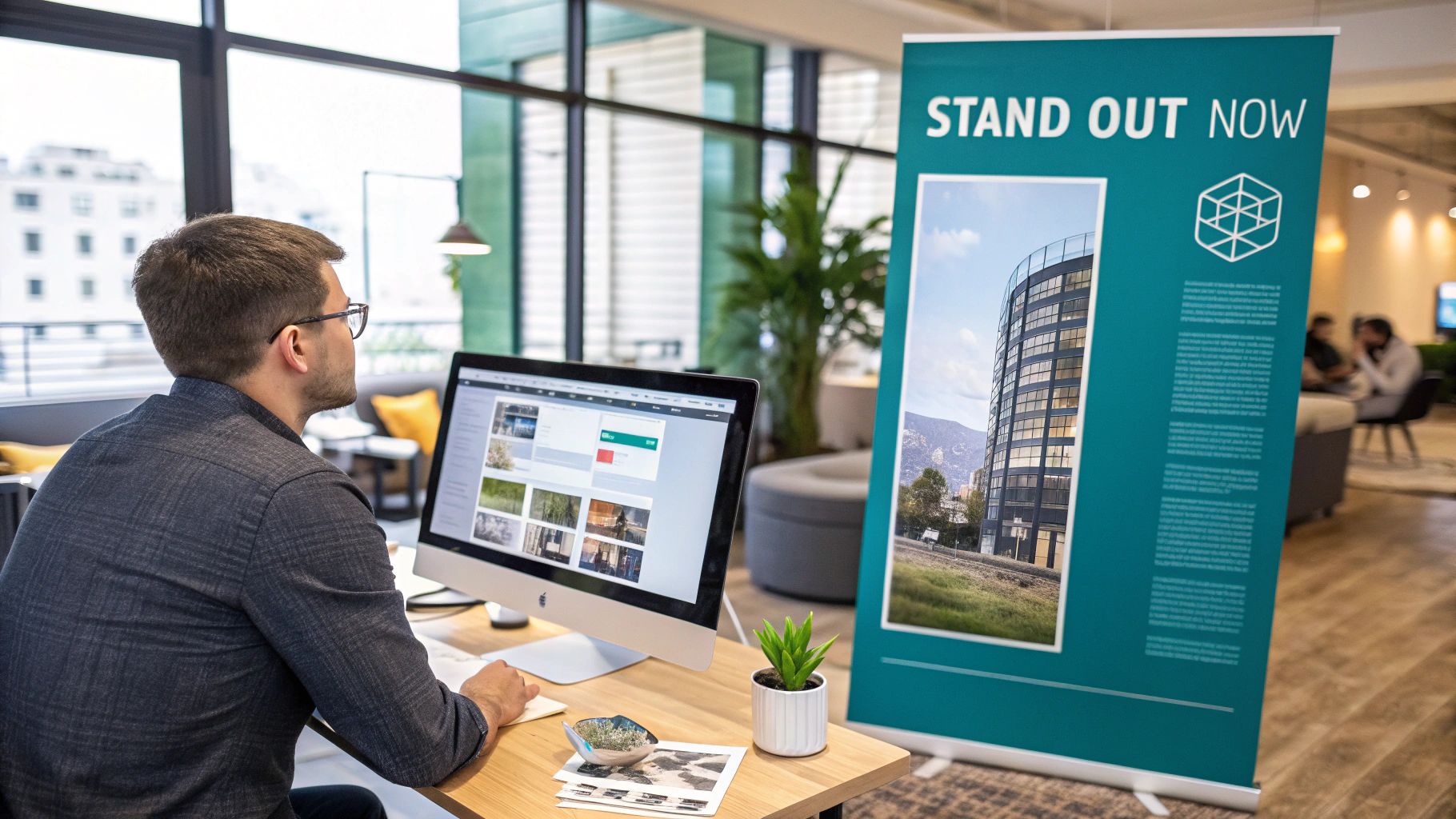 A well-designed vertical banner stand with vibrant colors and clear text in a modern office lobby.