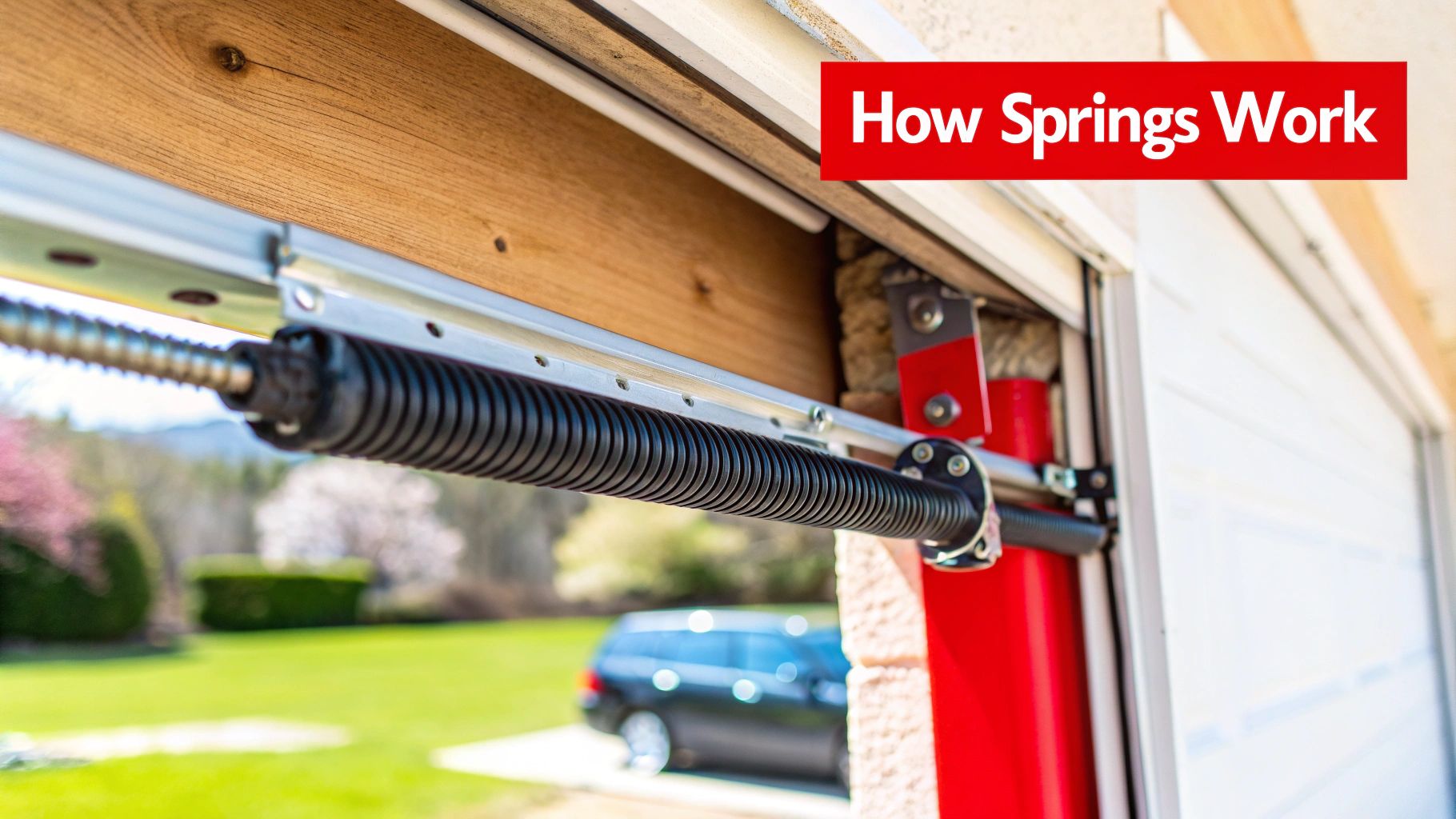 A close-up of a garage door torsion spring system above the door.