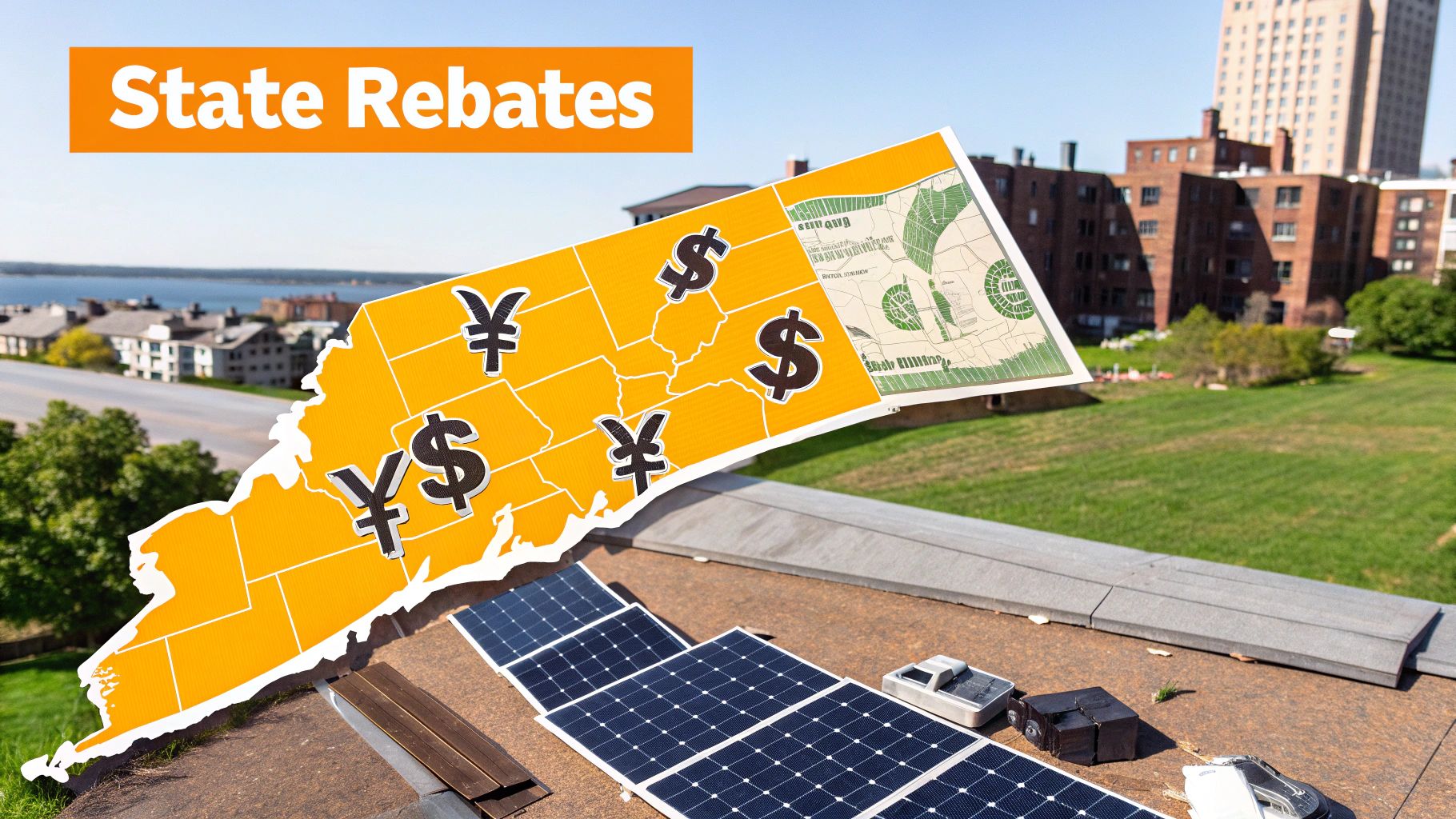 A happy family standing in front of their home, which has solar panels installed on the roof, symbolizing the benefits of state solar programs.