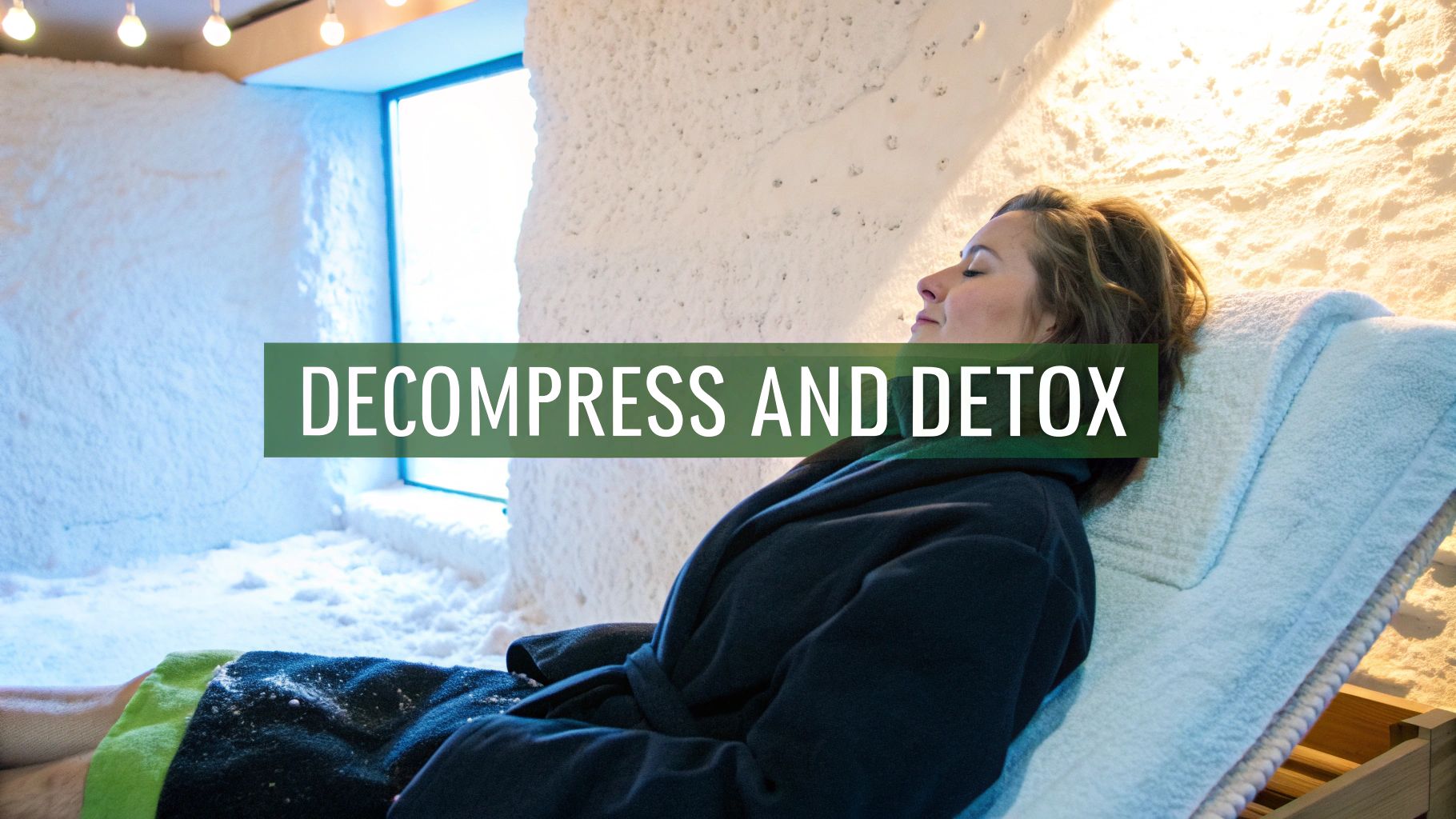 A serene salt room with glowing salt bricks and comfortable lounge chairs, ready for Halotherapy.