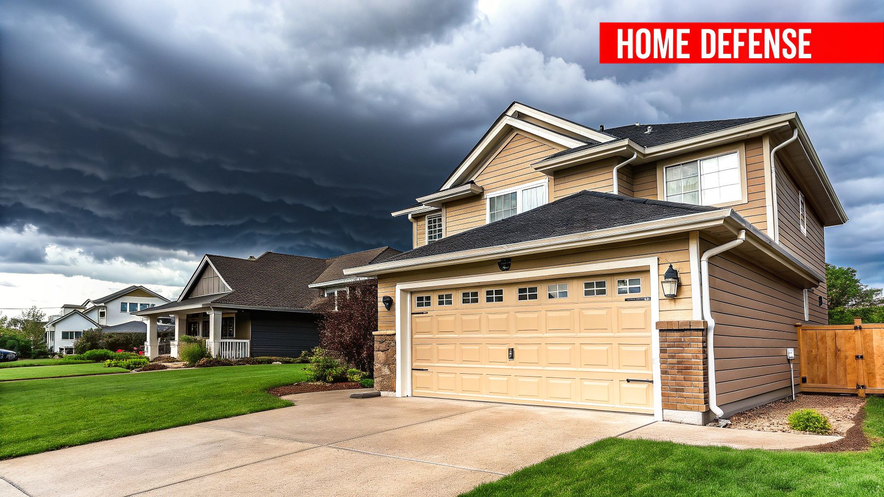 A sturdy, modern hurricane rated garage door on a residential home, showcasing its robust design.