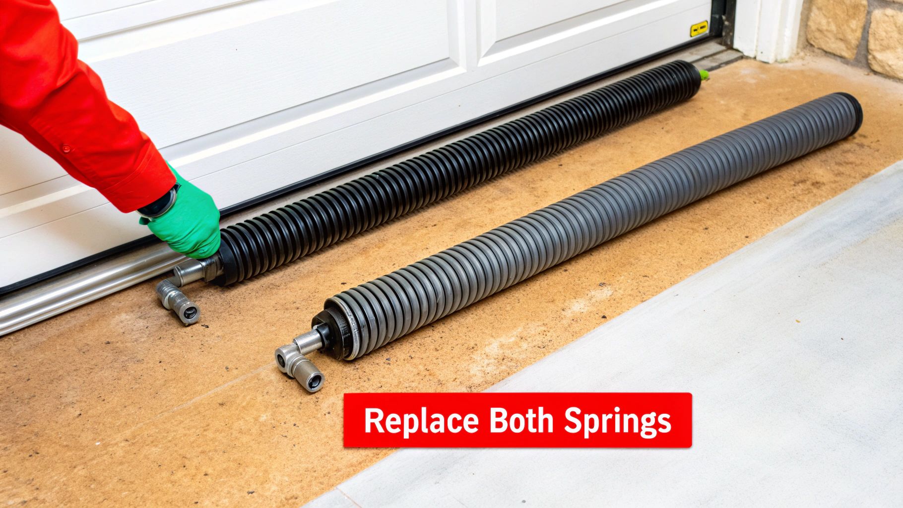 Two garage door torsion springs mounted above a garage door, showing a balanced system.