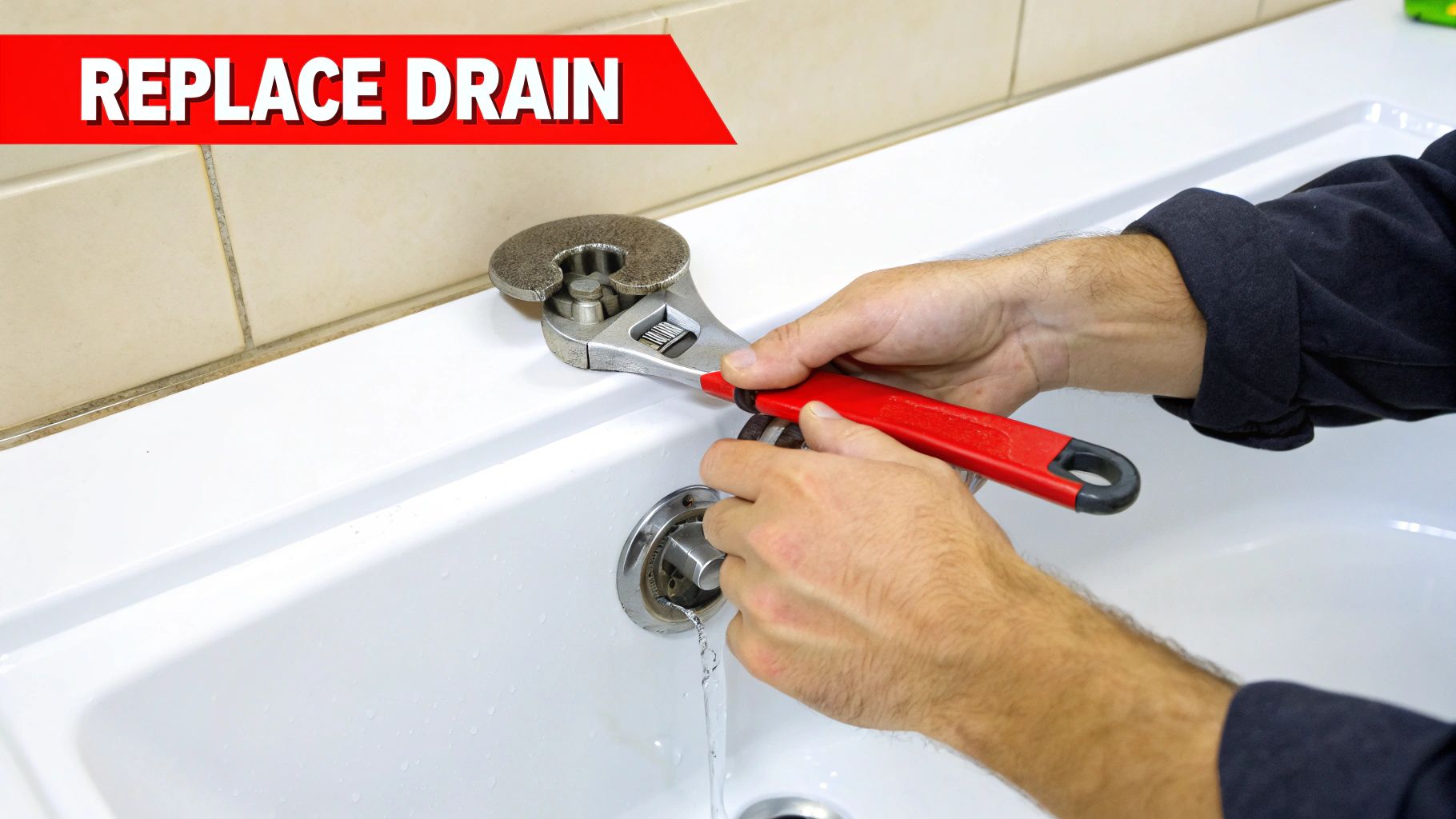 A person's hands using a tub drain wrench to loosen a bathtub drain flange.