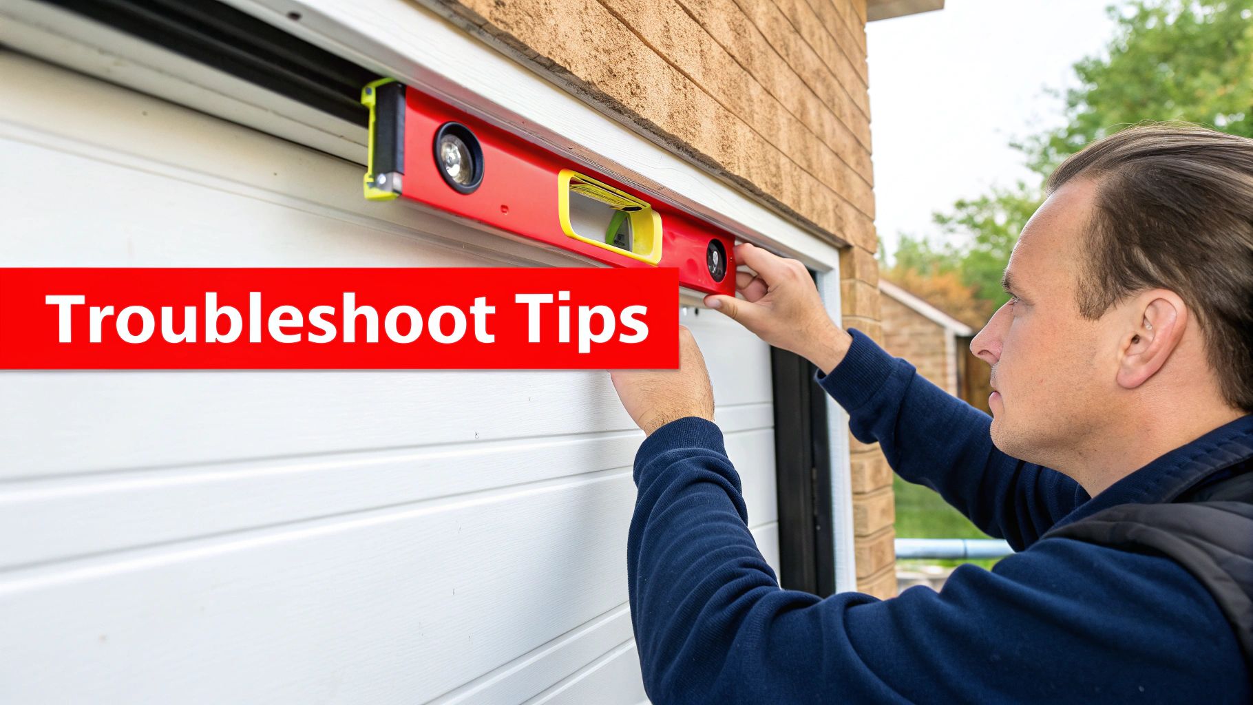 A person's hand adjusting one of the overhead door garage door sensors.
