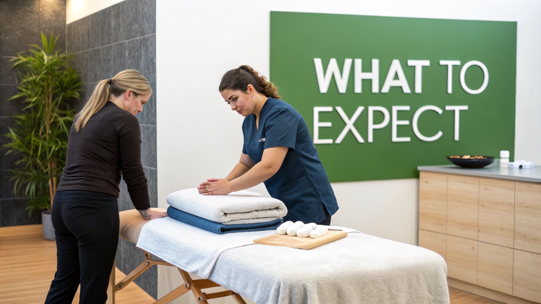 A serene spa treatment room with a massage table ready for a client.