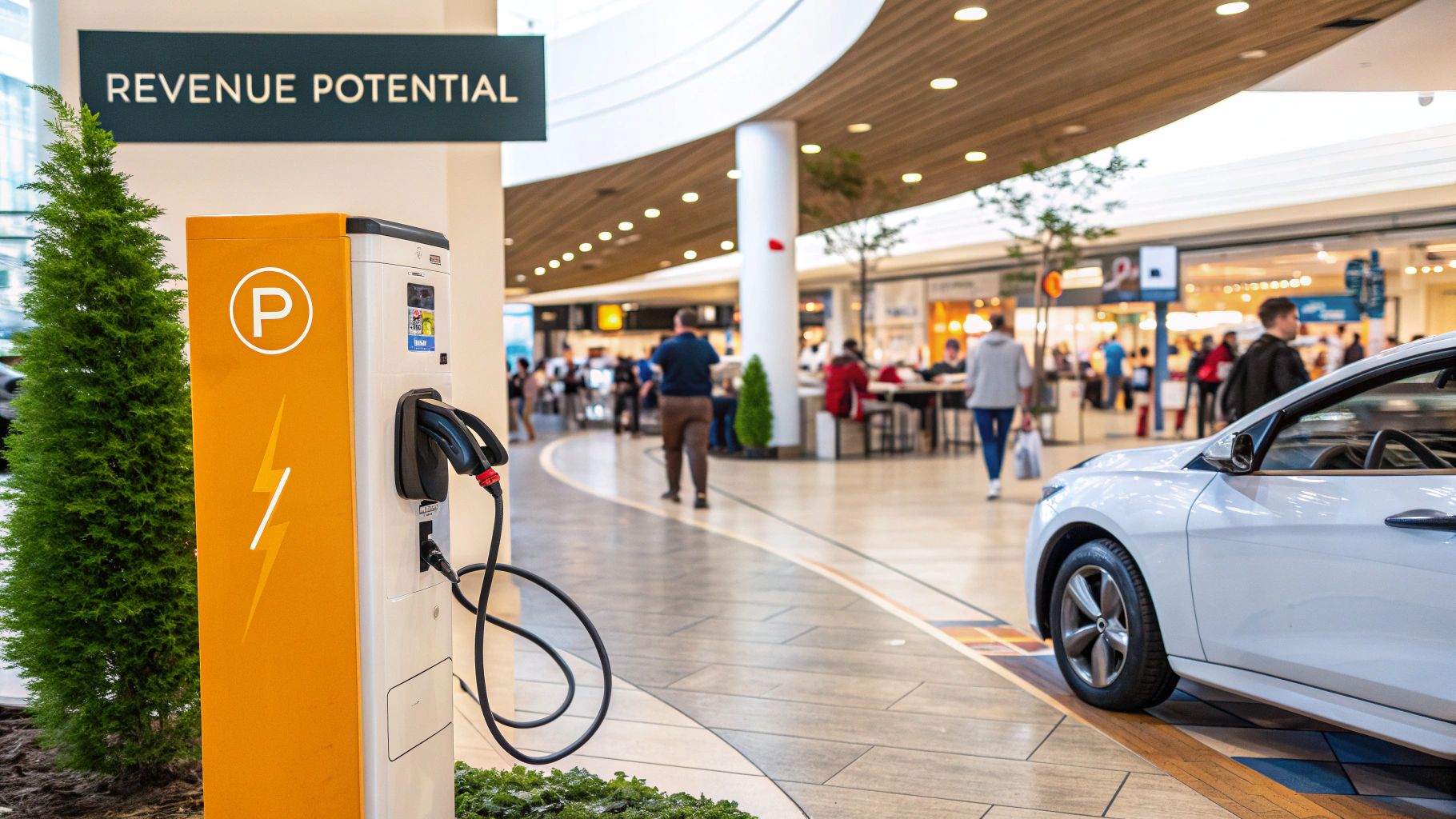 A modern EV charging station in a commercial setting