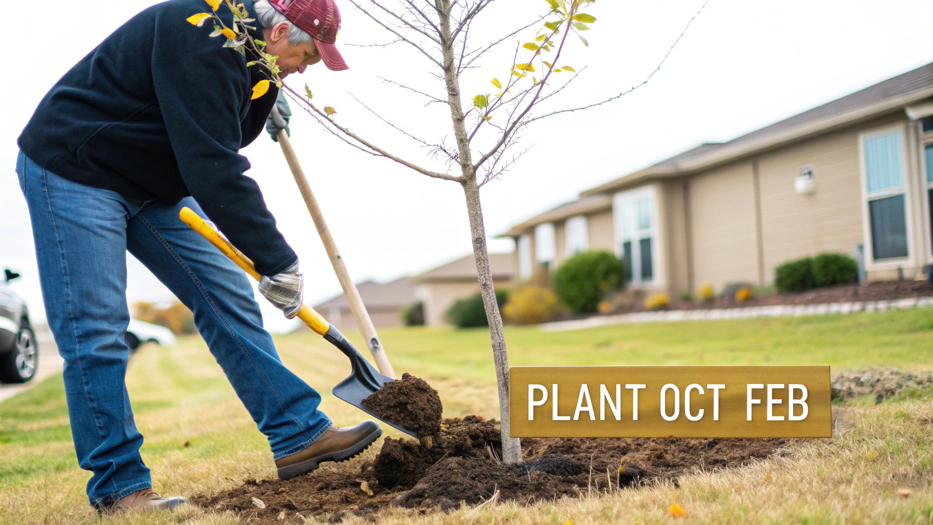 A newly planted sapling being watered in a sunny yard.