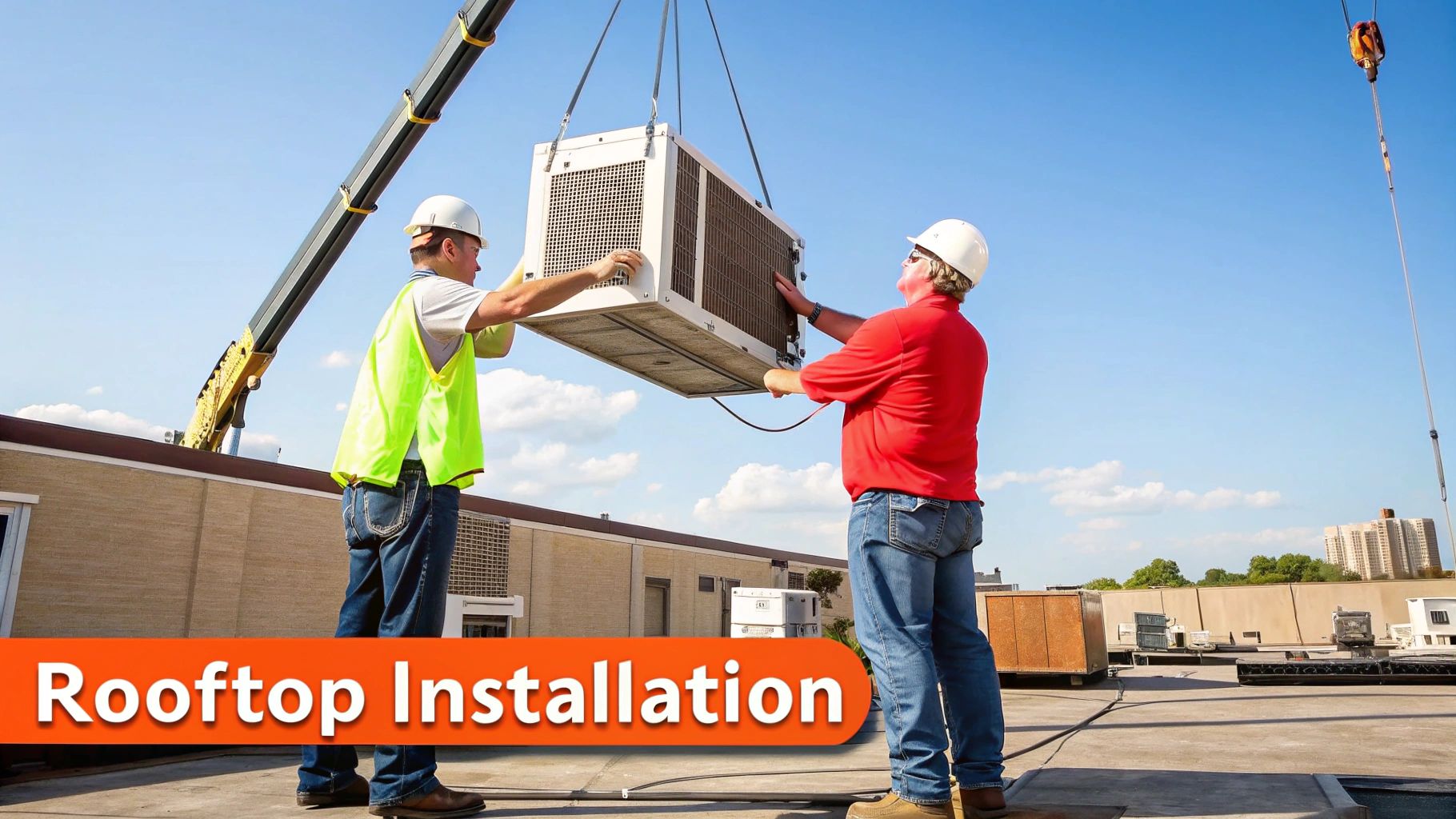 A crane lifting a large commercial rooftop air conditioning unit onto the roof of a building.