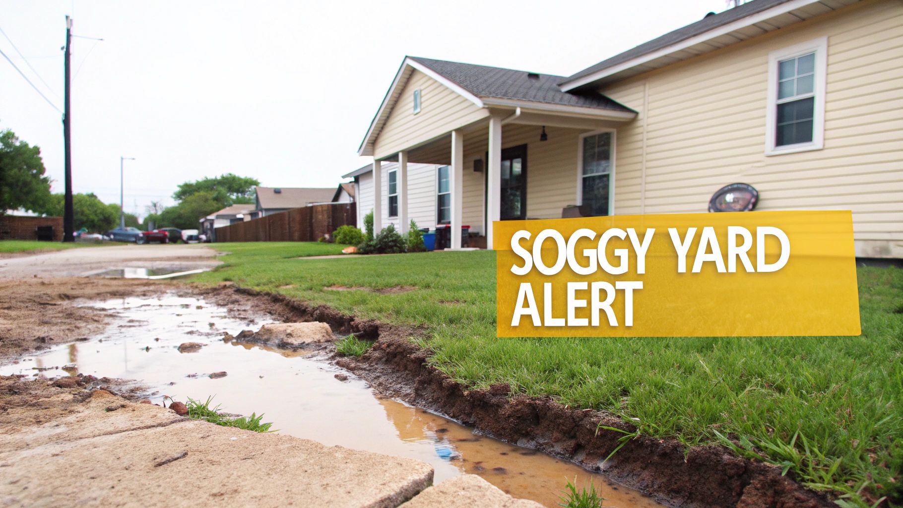 A flooded backyard lawn with water pooling around the patio and fence.