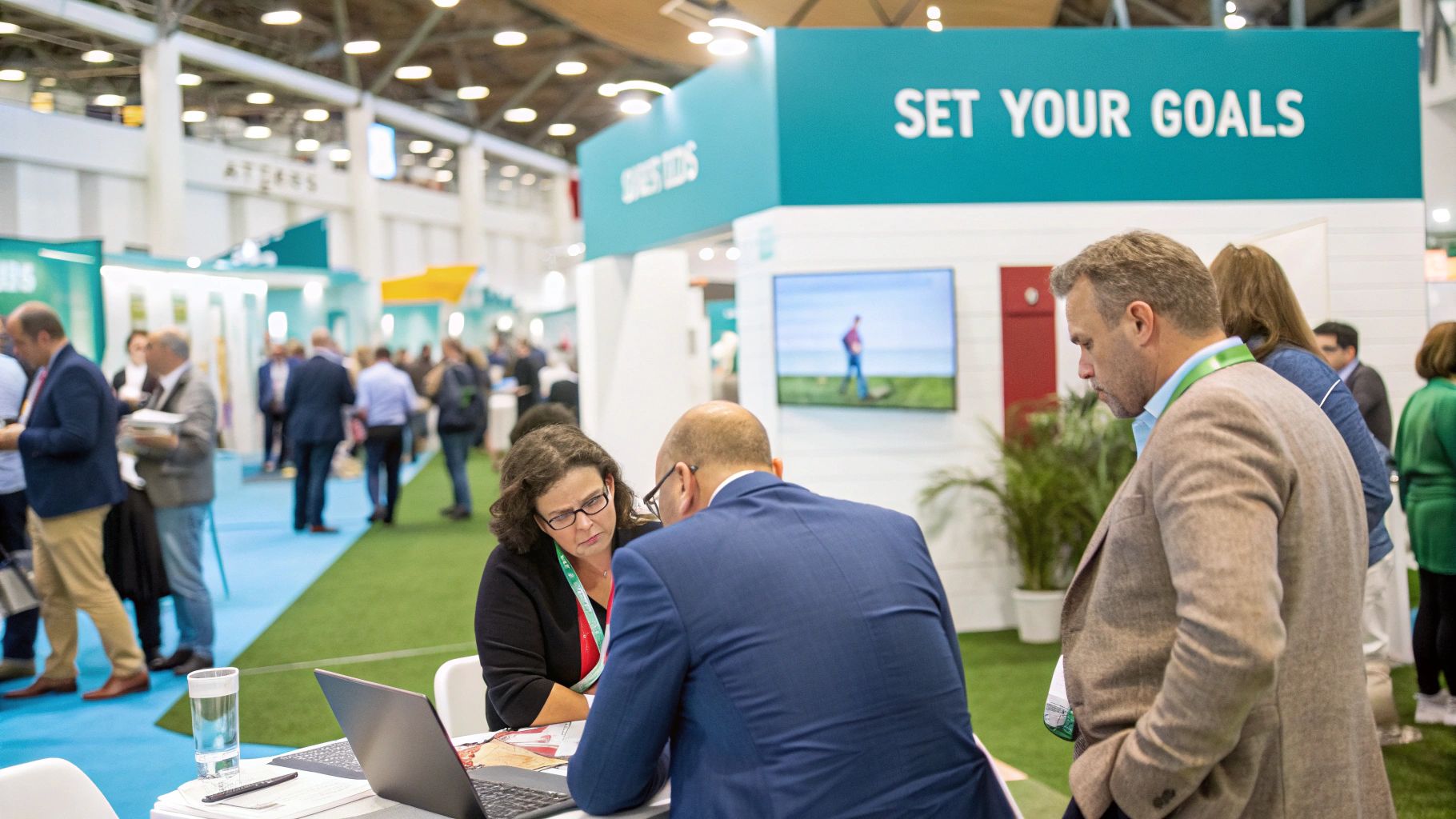 A modern and brightly lit conference booth with interactive screens and comfortable seating, showcasing an engaging display.