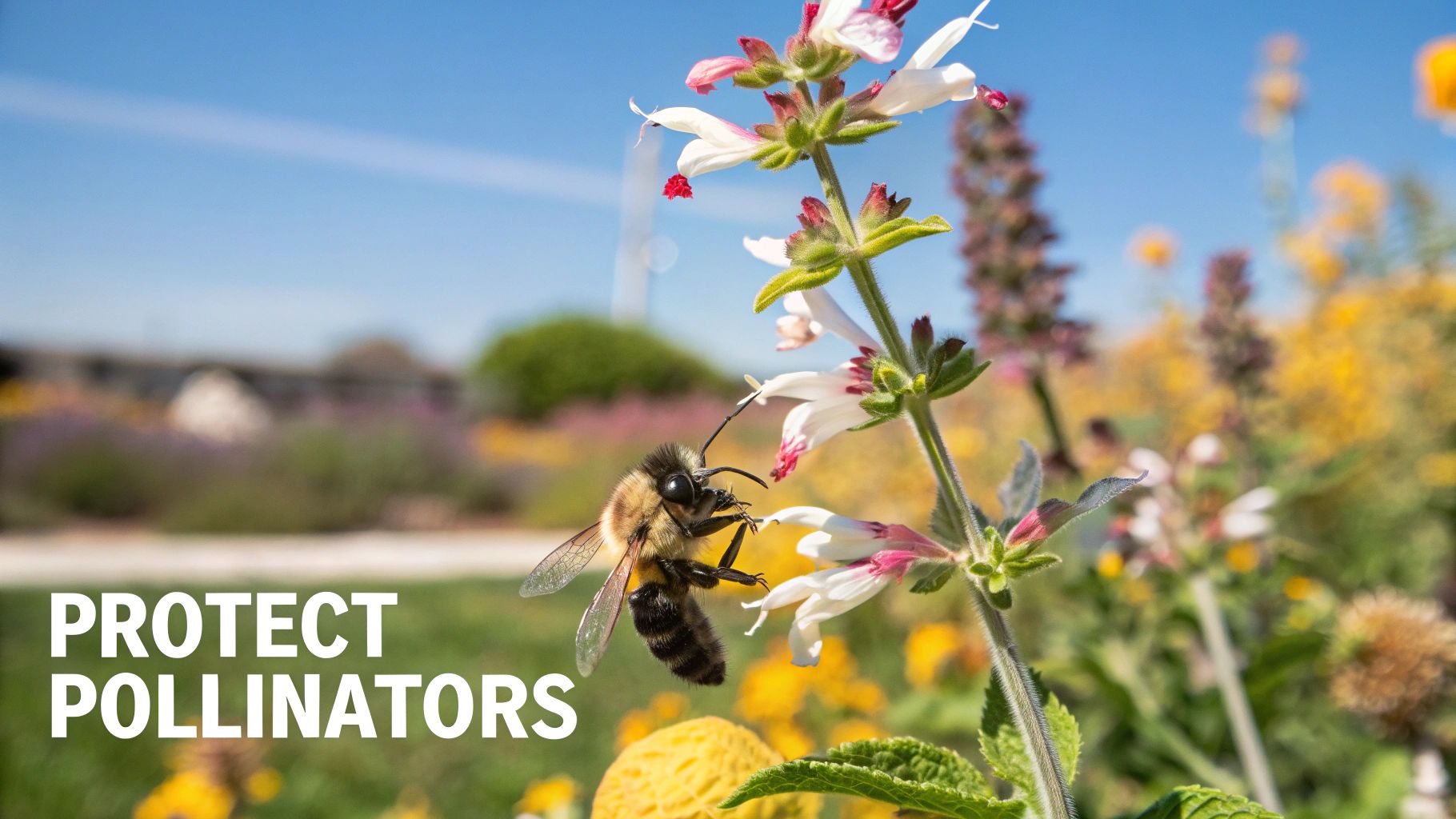A bee collecting pollen from a purple flower in a lush garden, representing the pollinators of South Texas.