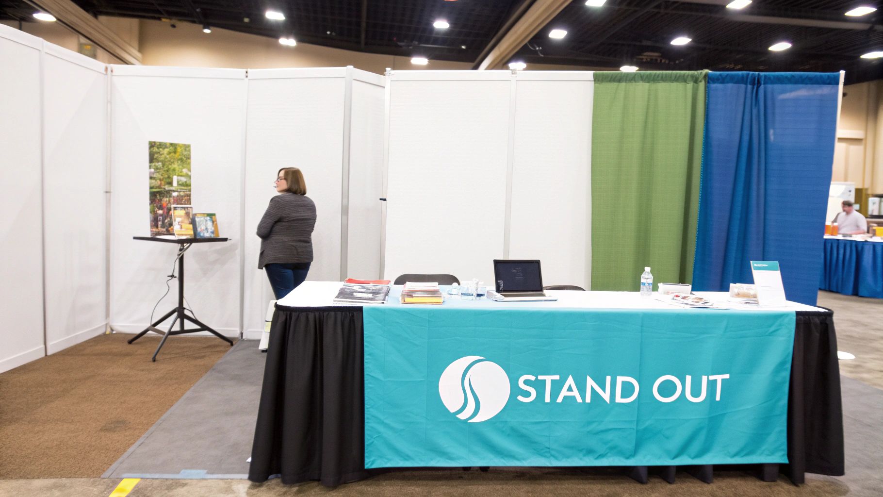 A professionally designed trade show table runner with a company logo prominently displayed on a table at an event.