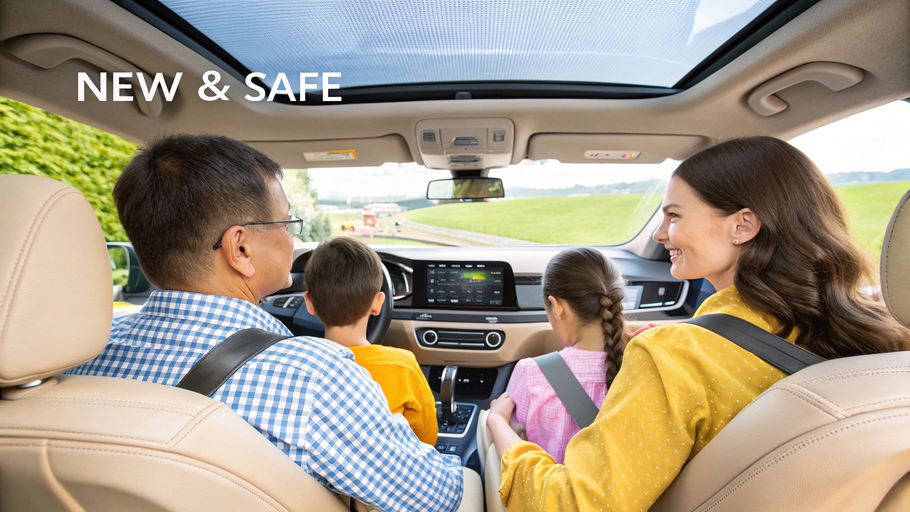 A modern car with advanced safety features driving on a highway