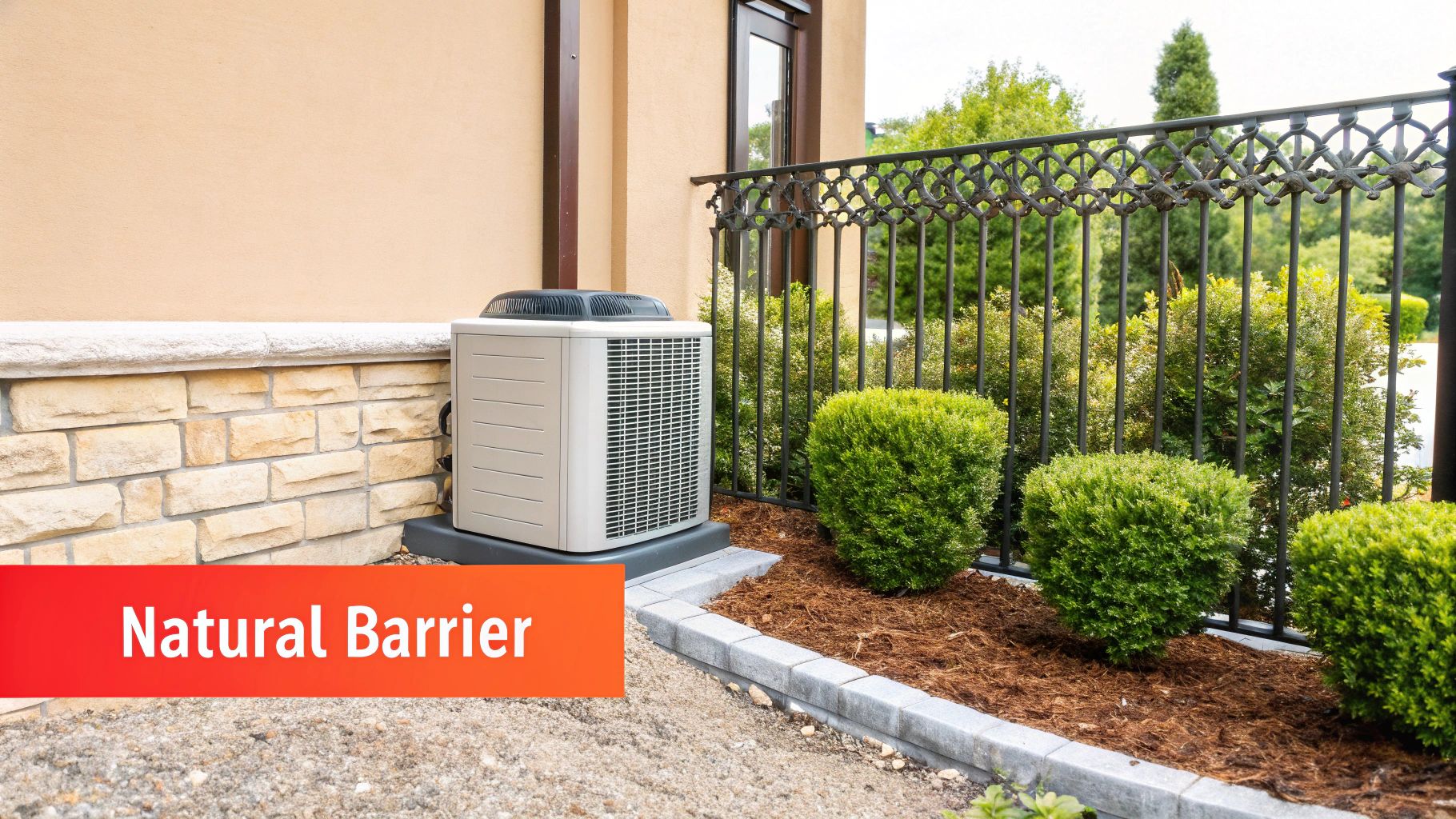 How to Quiet a Noisy Air Conditioner 3 An outdoor air conditioner unit surrounded by a well-designed wooden fence and lush green shrubs.