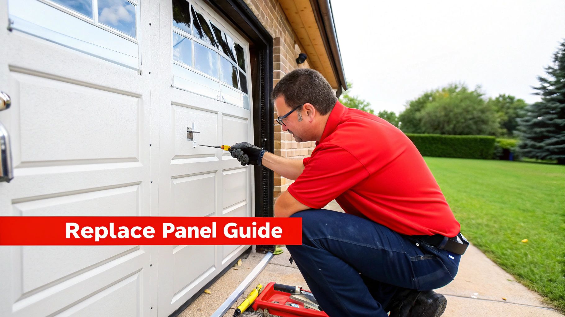A technician carefully unbolting the hinges of a damaged garage door panel.