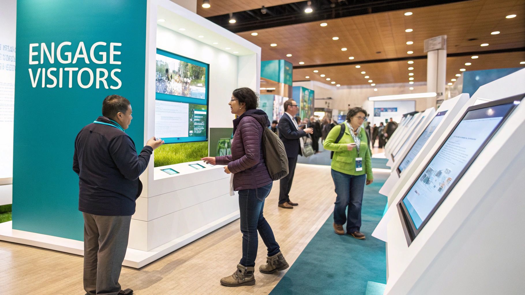 A modern, brightly lit custom trade show booth with interactive screens and engaging graphics, attracting visitors on a busy show floor.