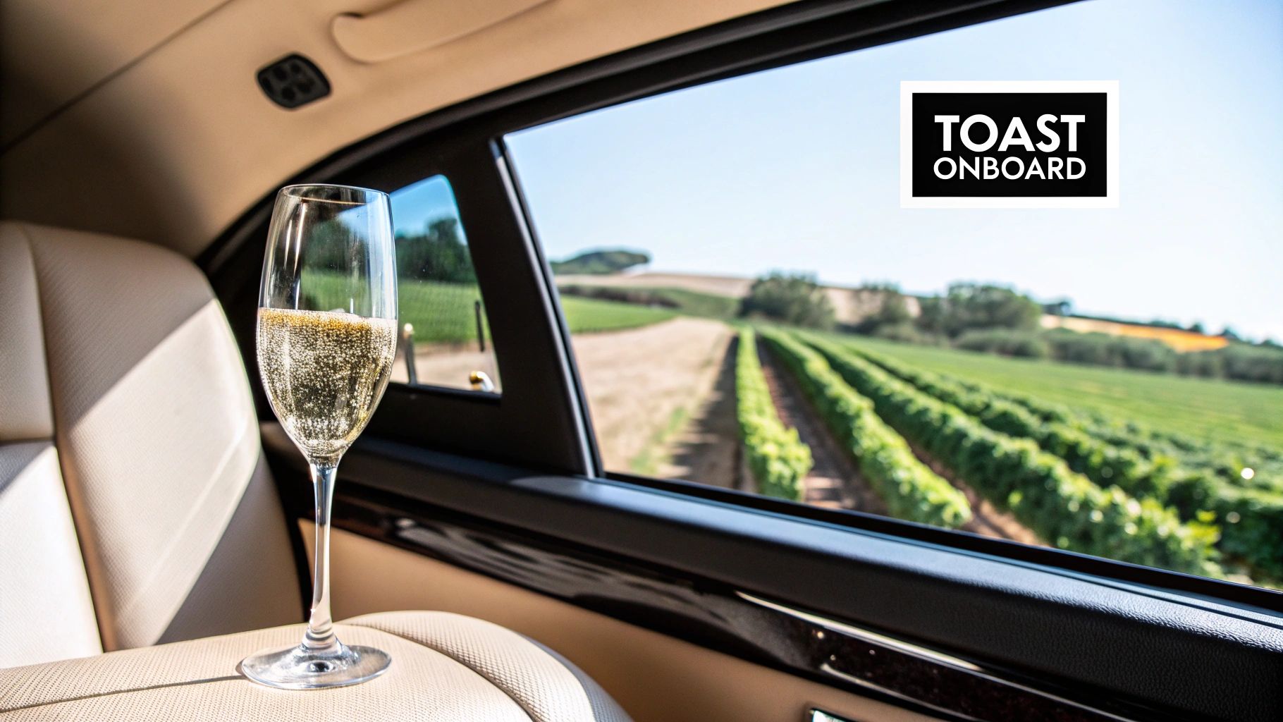 A white limousine parked in front of a vineyard with a blue sky