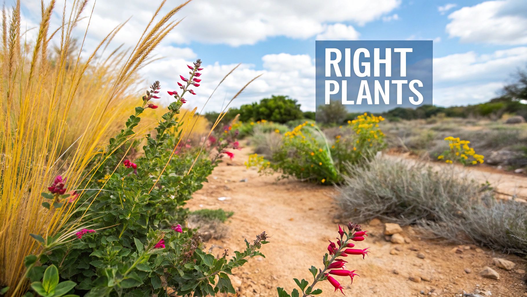 A beautiful garden featuring a variety of Texas native plants like colorful perennials and textured grasses.