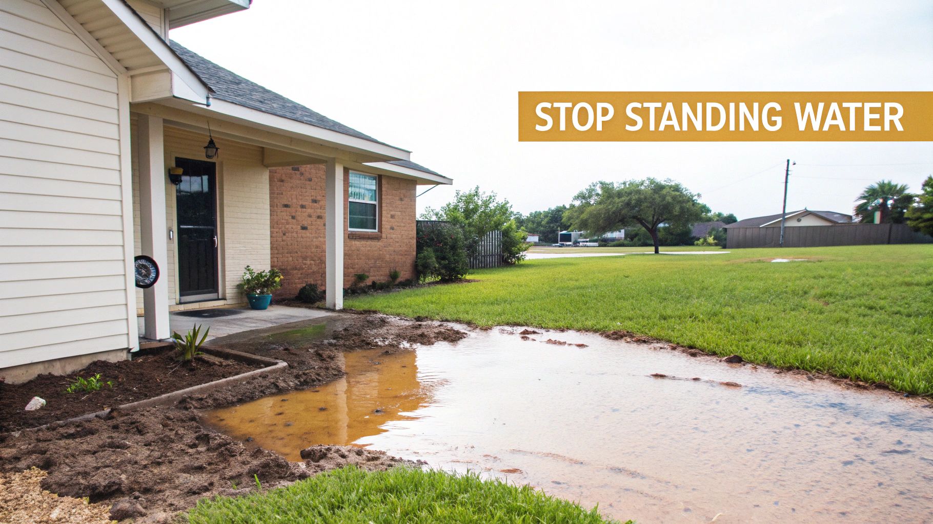 Lush green lawn with a newly installed drainage system in a South Texas yard.
