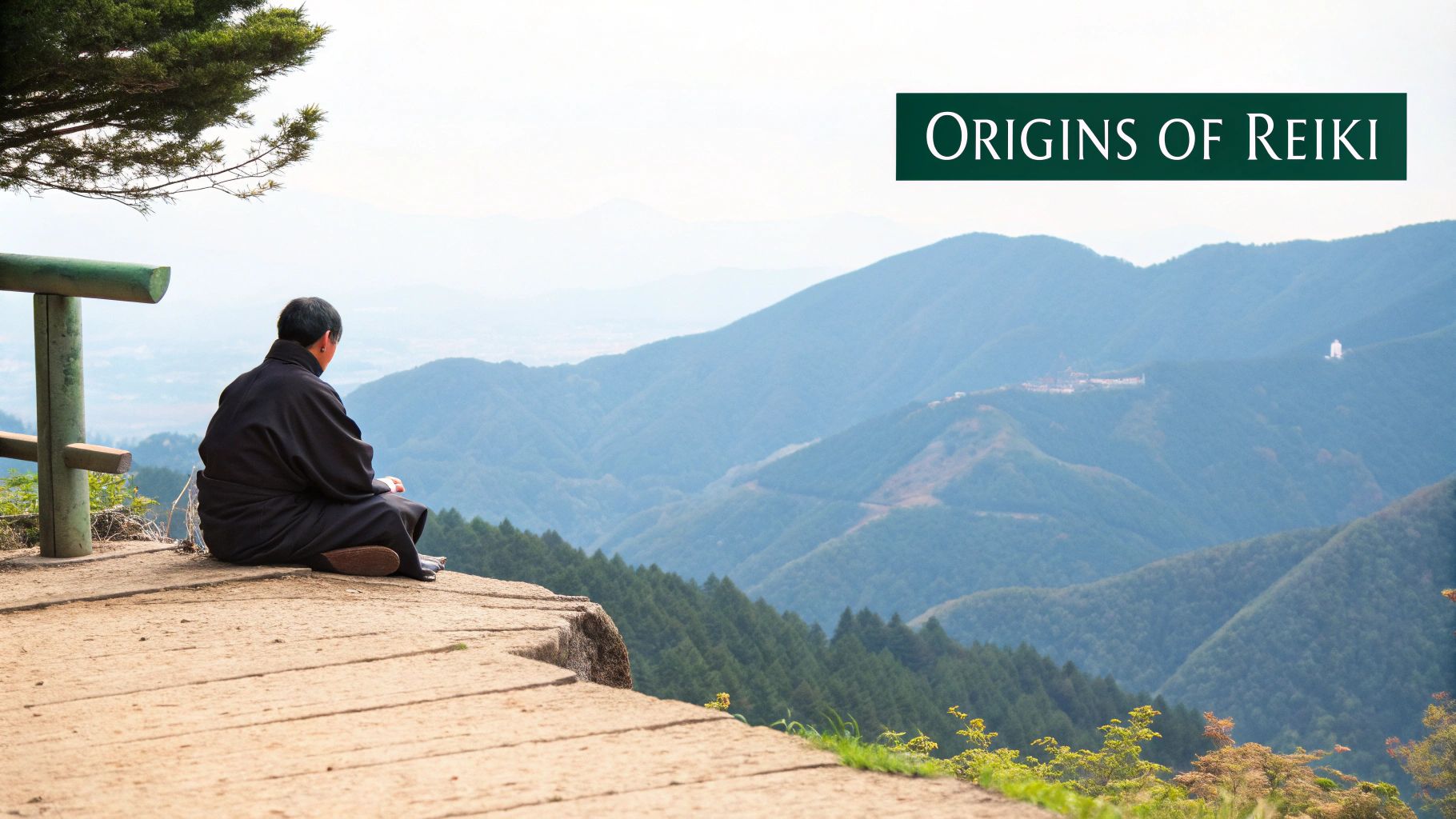 A serene image of Mount Kurama in Japan, with misty mountains and lush greenery.