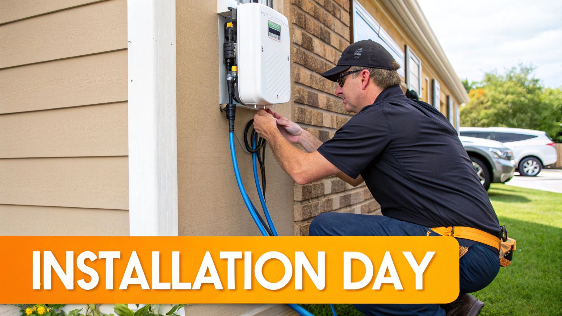 A technician inspecting an electrical panel in a garage.