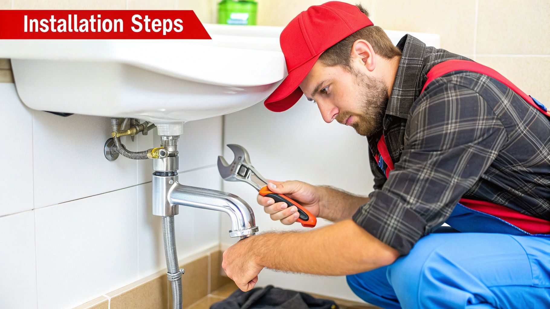A person using a wrench to tighten a connection under a sink, highlighting a common point of error during faucet installation.