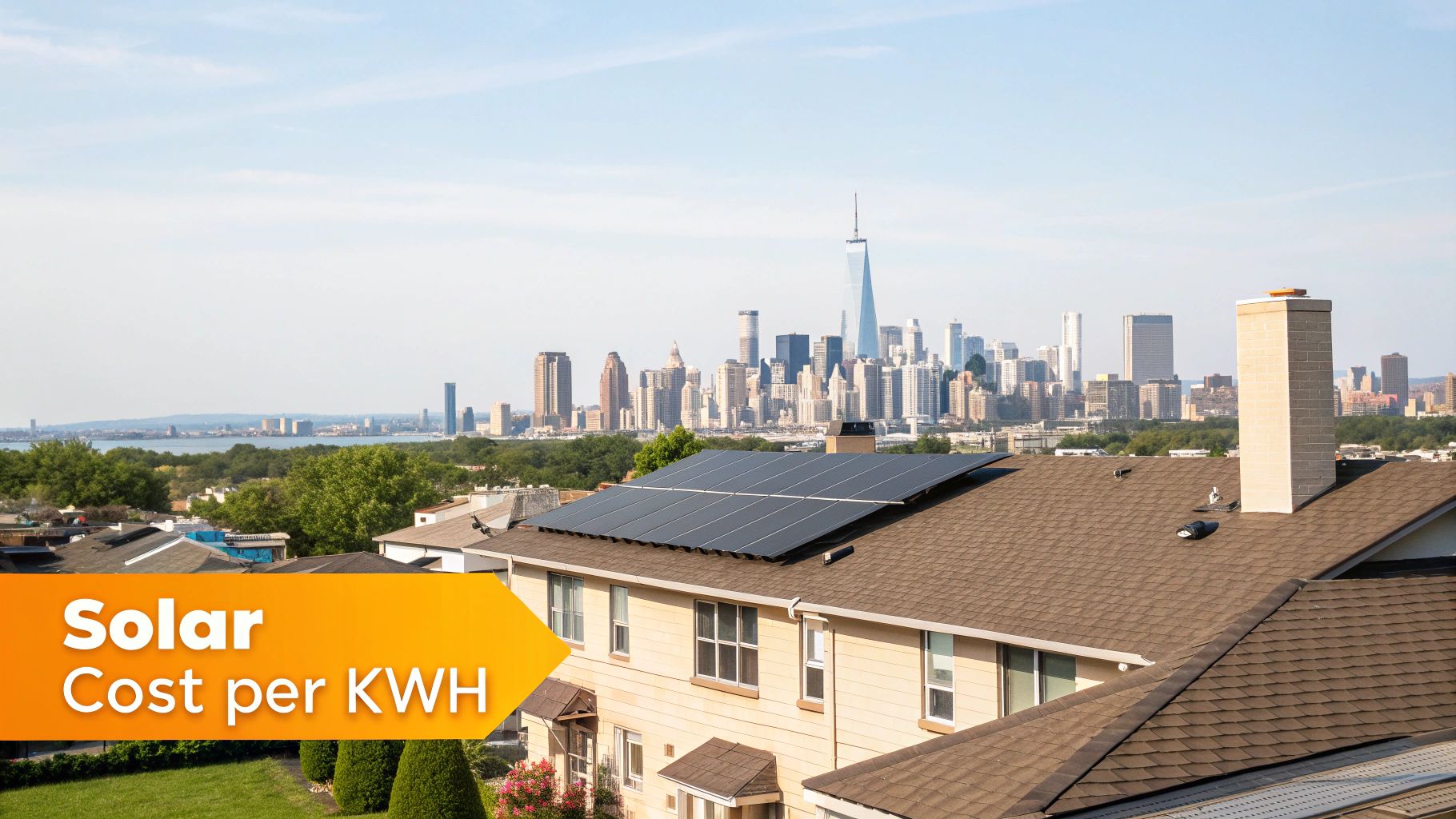 A modern home with solar panels installed on its roof under a clear blue sky.
