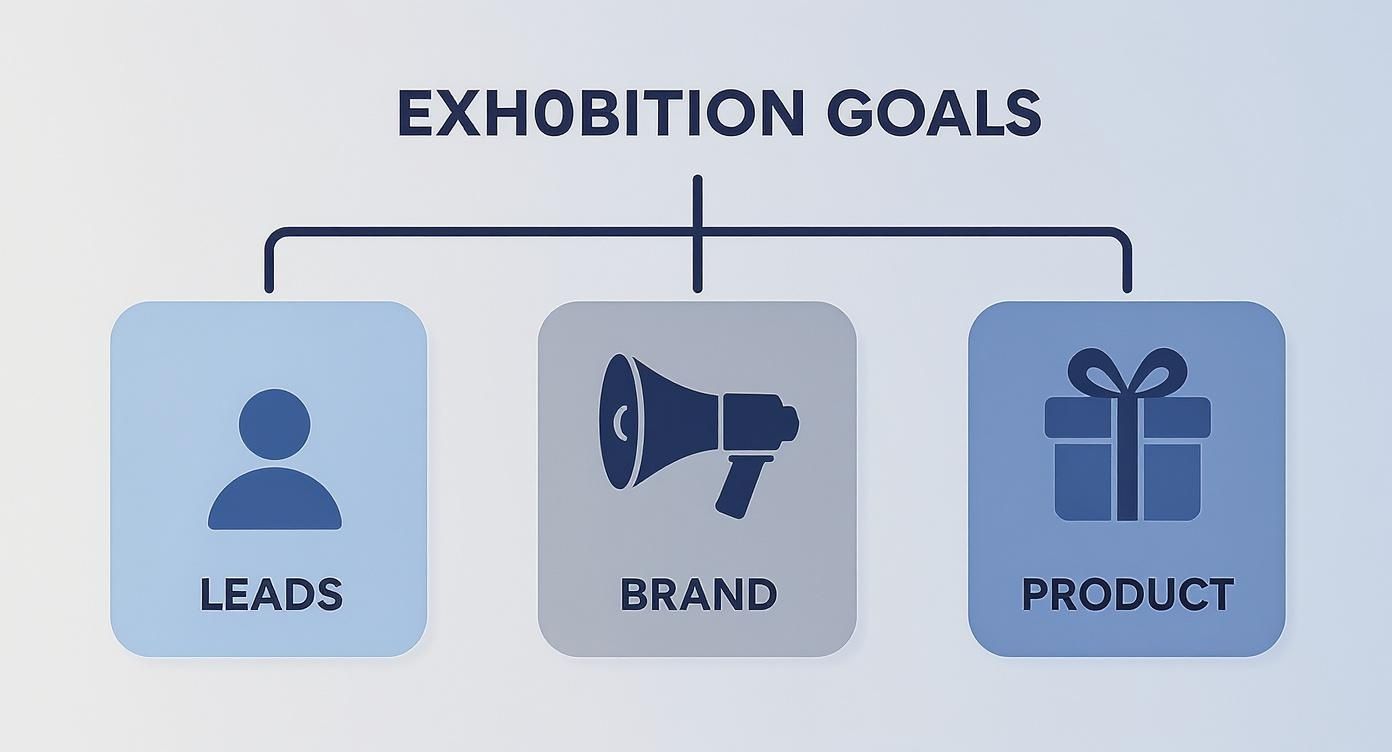 Infographic showing a decision tree for exhibition goals, with icons for leads, brand, and product.