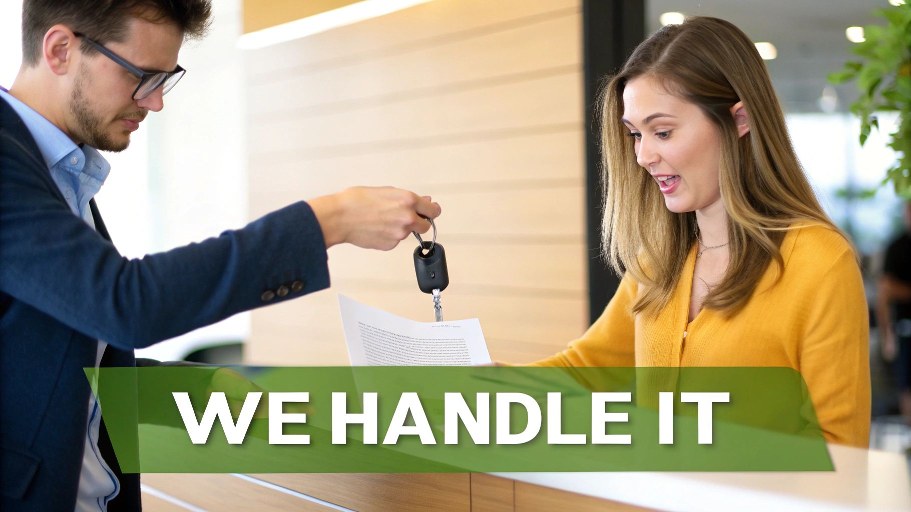 A friendly auto consultant shaking hands with a happy customer.