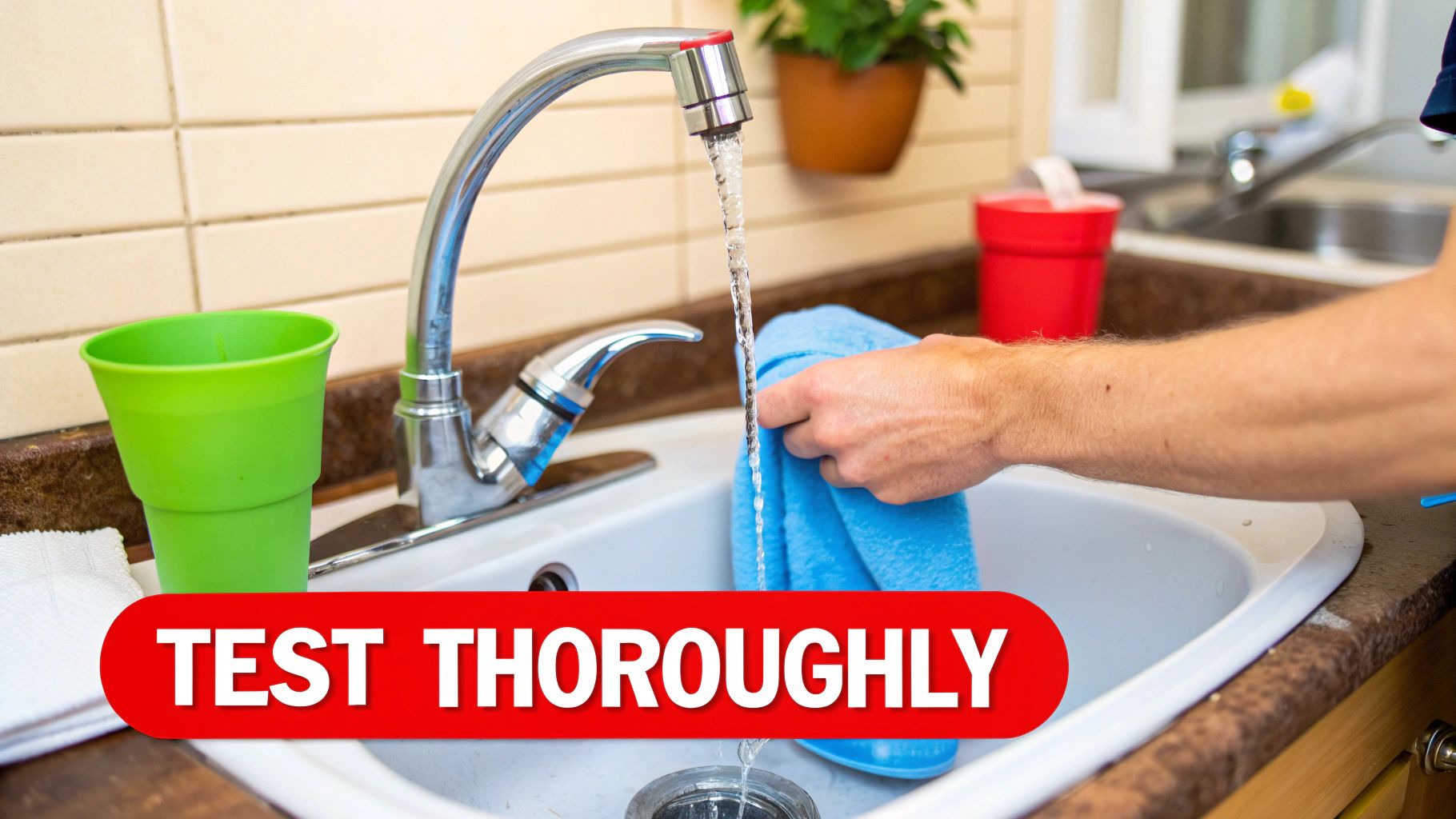 A clean kitchen sink with water running, testing for leaks after a repair.