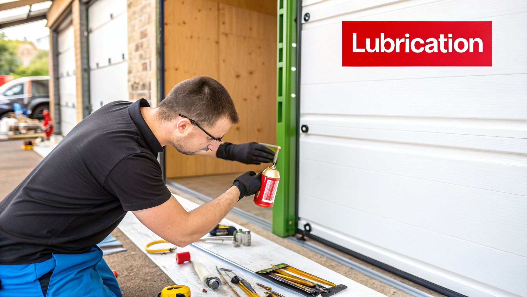 A person inspecting the tracks of a residential garage door.