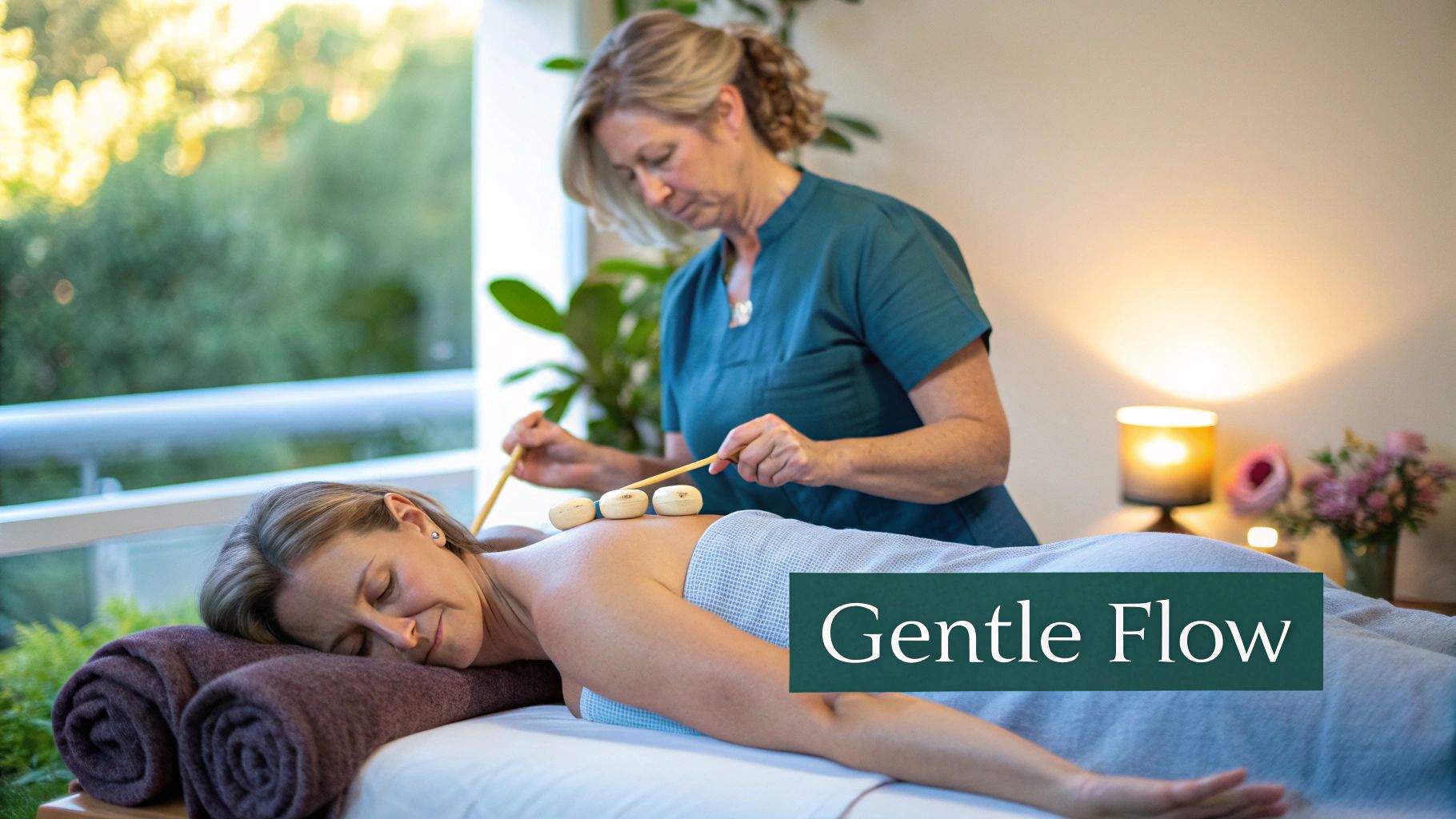 A therapist performing a gentle lymphatic drainage massage on a client's back