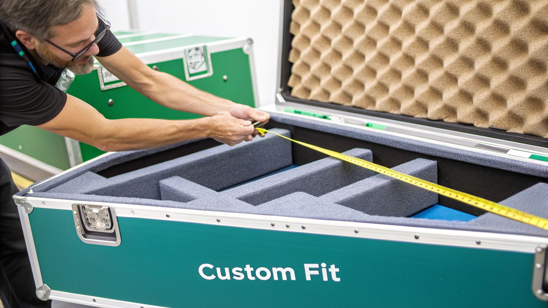 Close-up of a trade show booth being carefully packed into a custom-fitted shipping case.