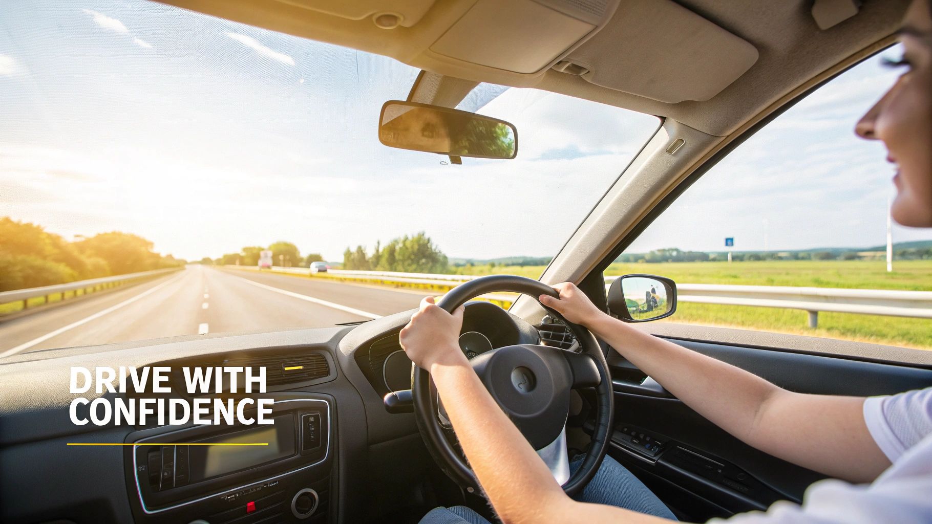 A luxury car driving along a scenic coastal road on Long Island.