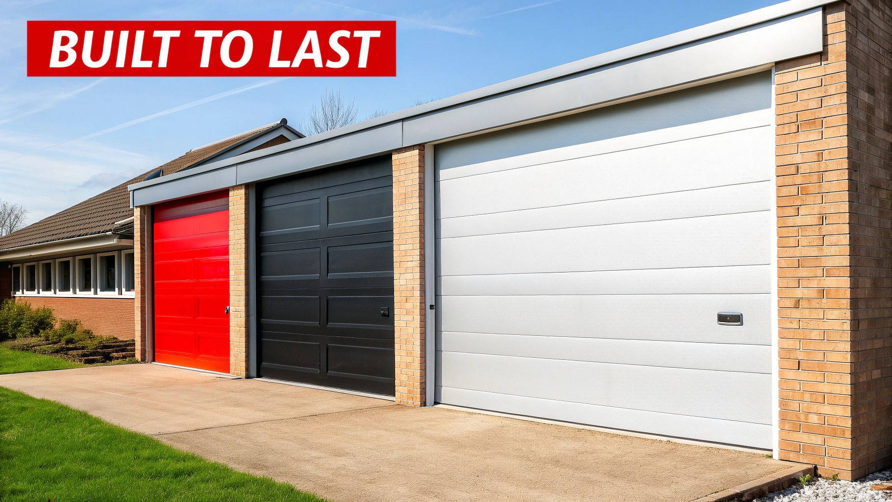 A sturdy residential garage door on a brick house, demonstrating durability.