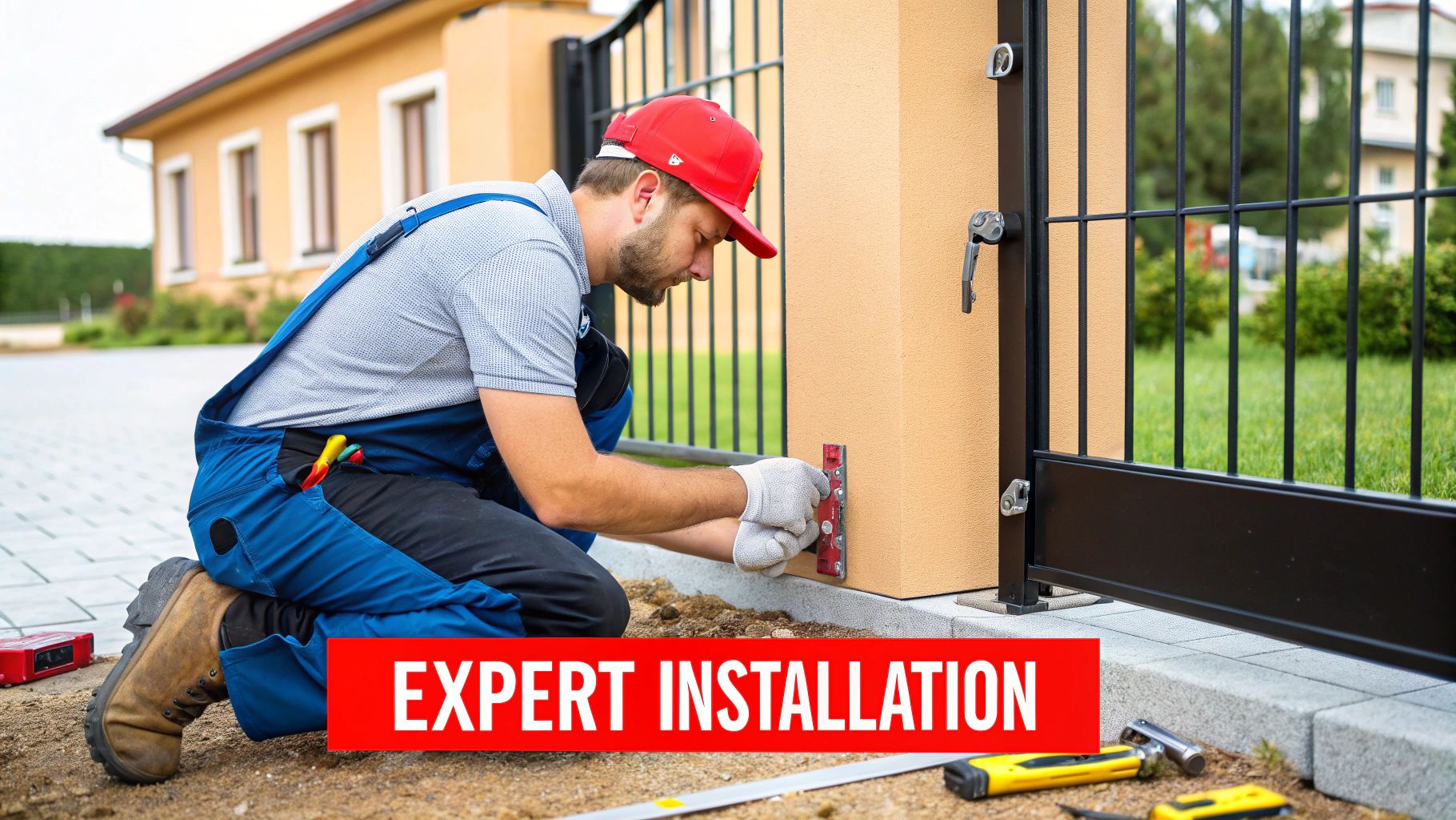 A professional technician wiring an automatic gate opener.