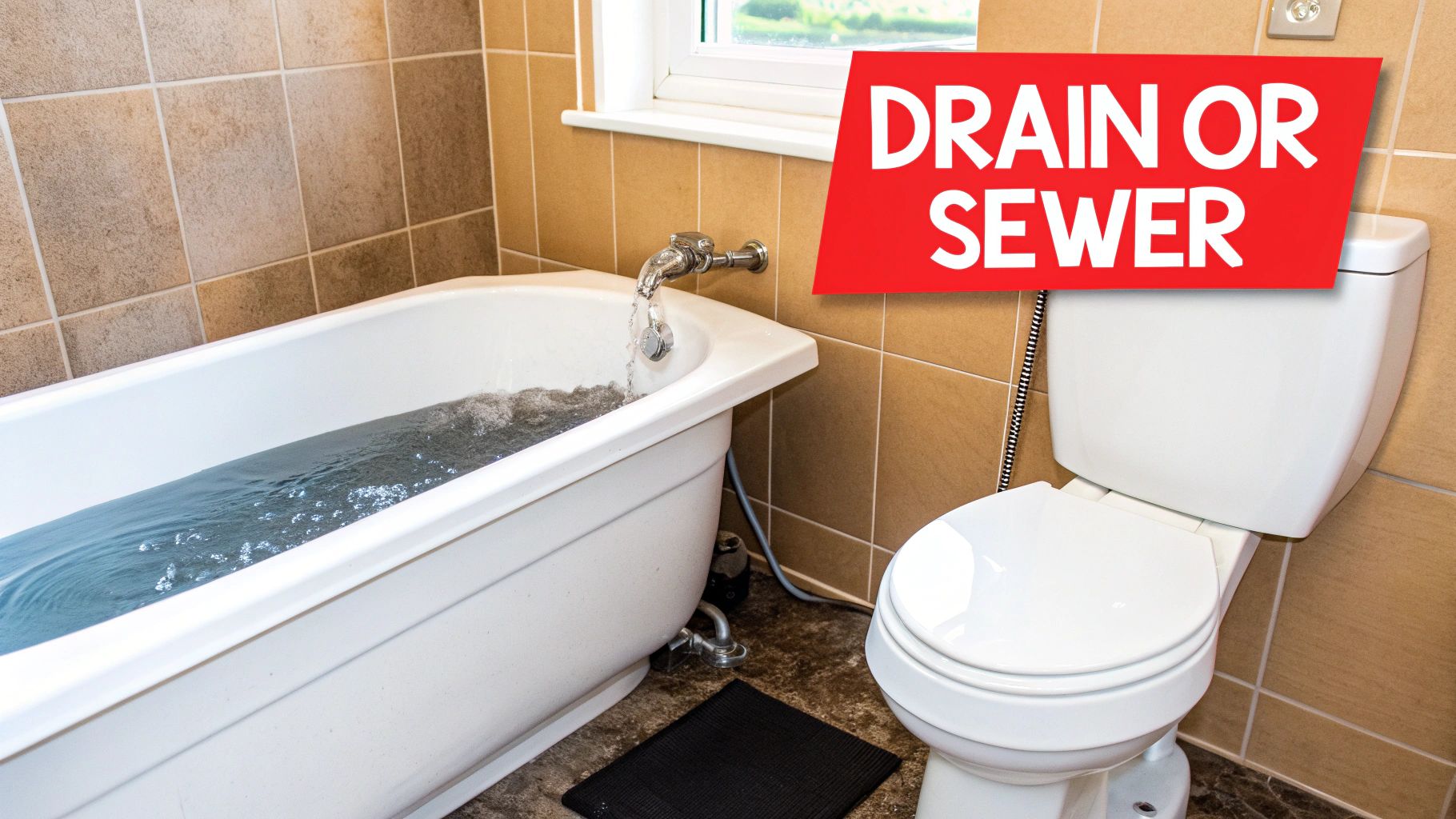 A homeowner looking concerned at a slow-draining shower, indicating a potential plumbing problem.