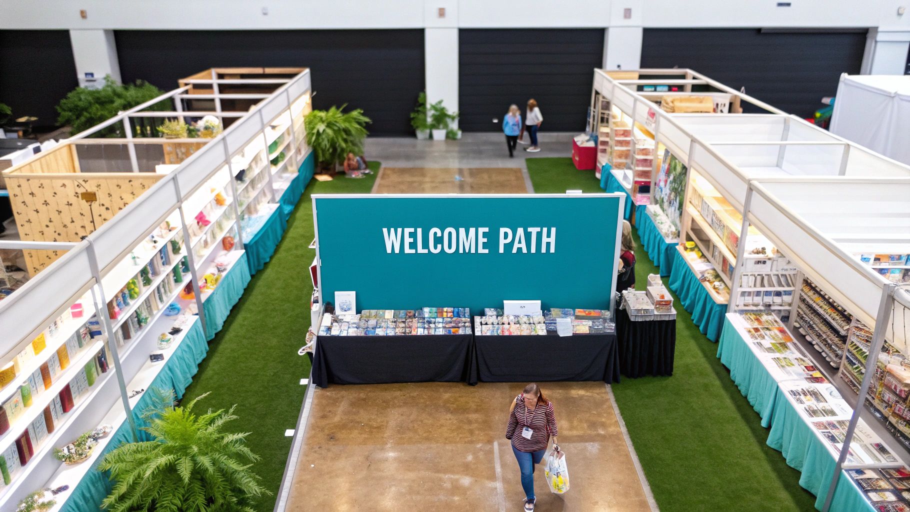 A craft show booth with a well-designed U-shaped layout, inviting customers into the space to browse.