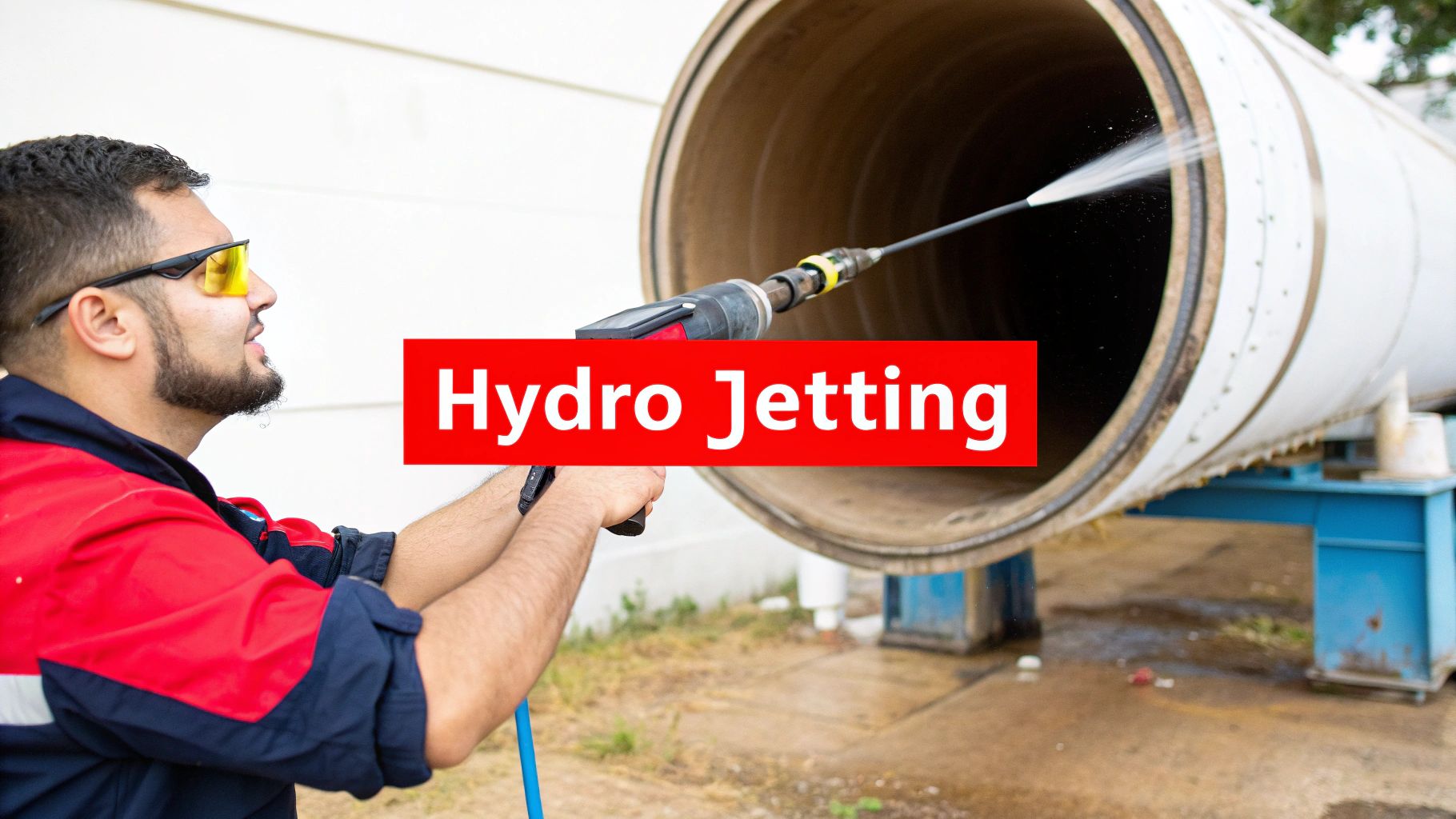 A plumbing technician using a hydro jetting hose to clean a pipe.