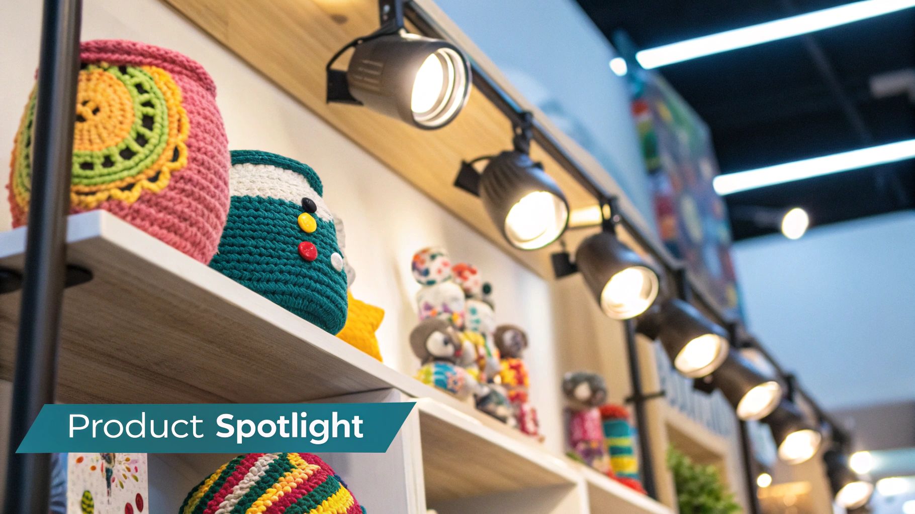 Well-lit display shelves at a craft show, with spotlights highlighting specific handmade products.