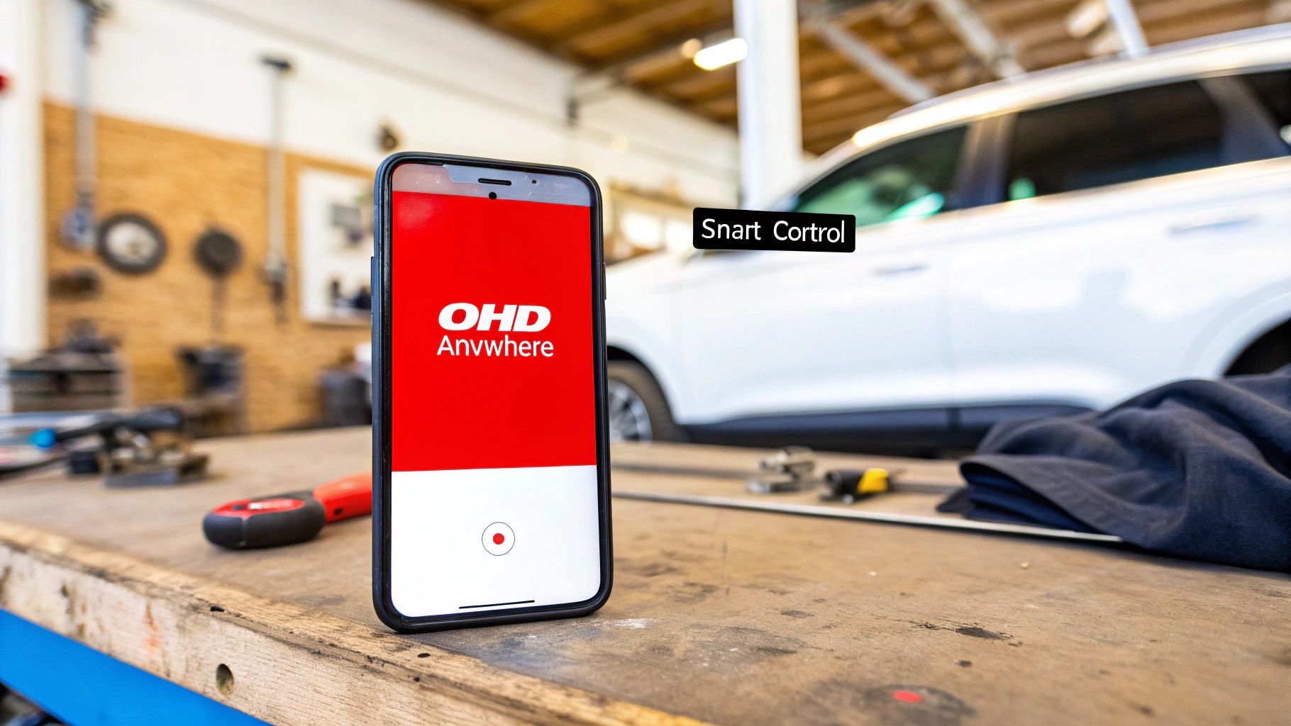 A smartphone displaying the OHD Anywhere app, with a modern garage in the background.