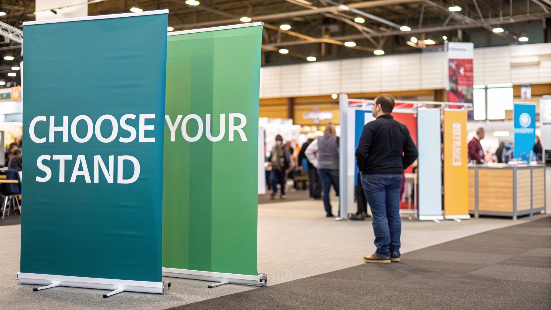 A collection of different vertical banner stands being prepared for a trade show.