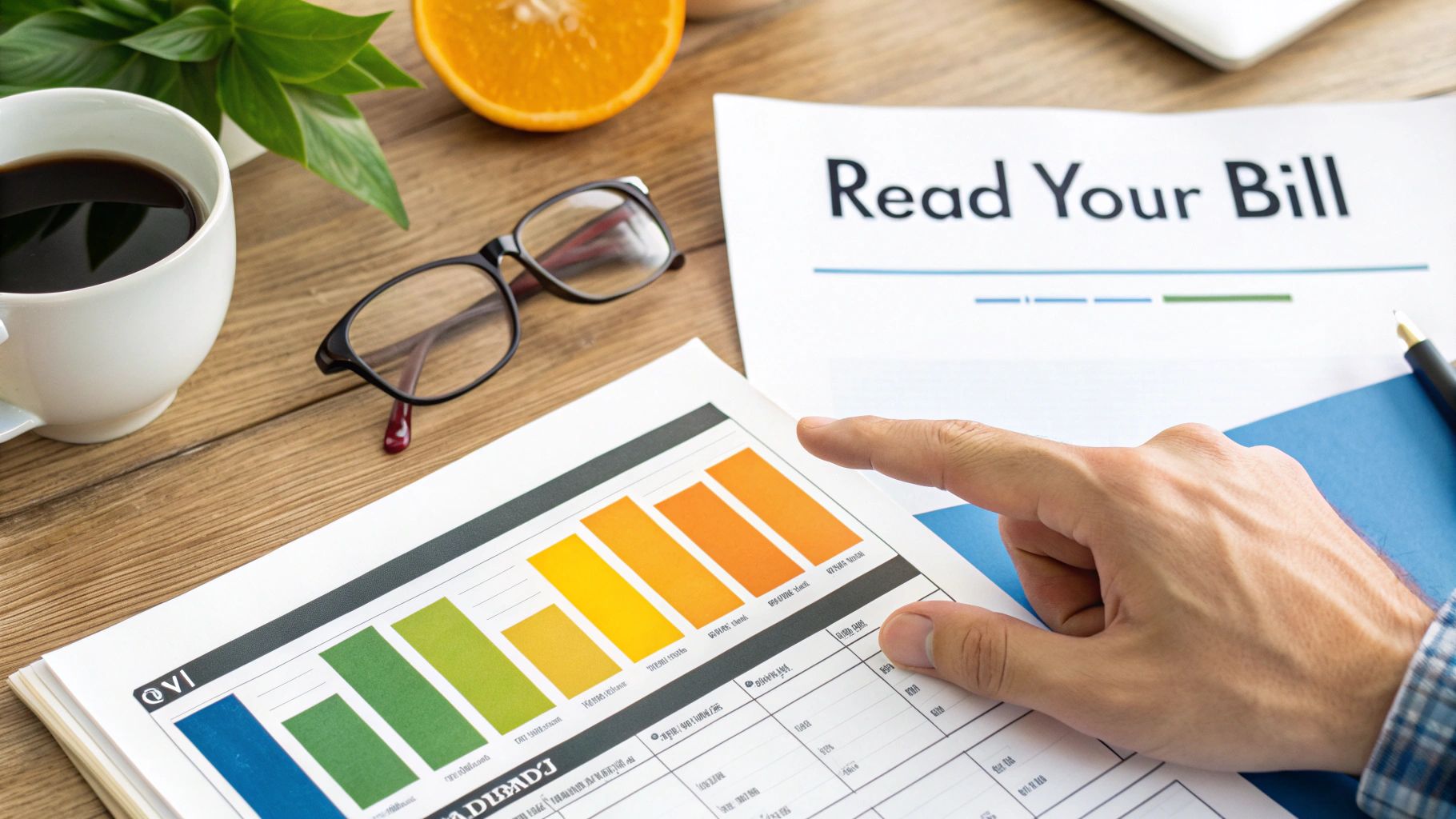 A person pointing to a line item on an electric bill, symbolizing the breakdown of charges.