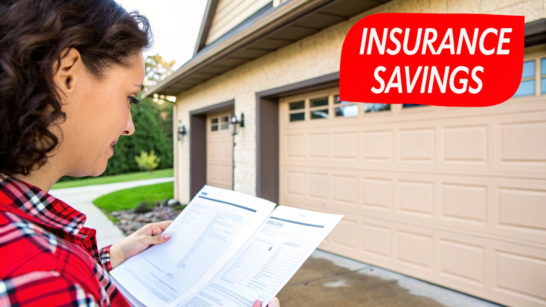 A sturdy, modern garage door on a suburban home, implying financial security and property value.