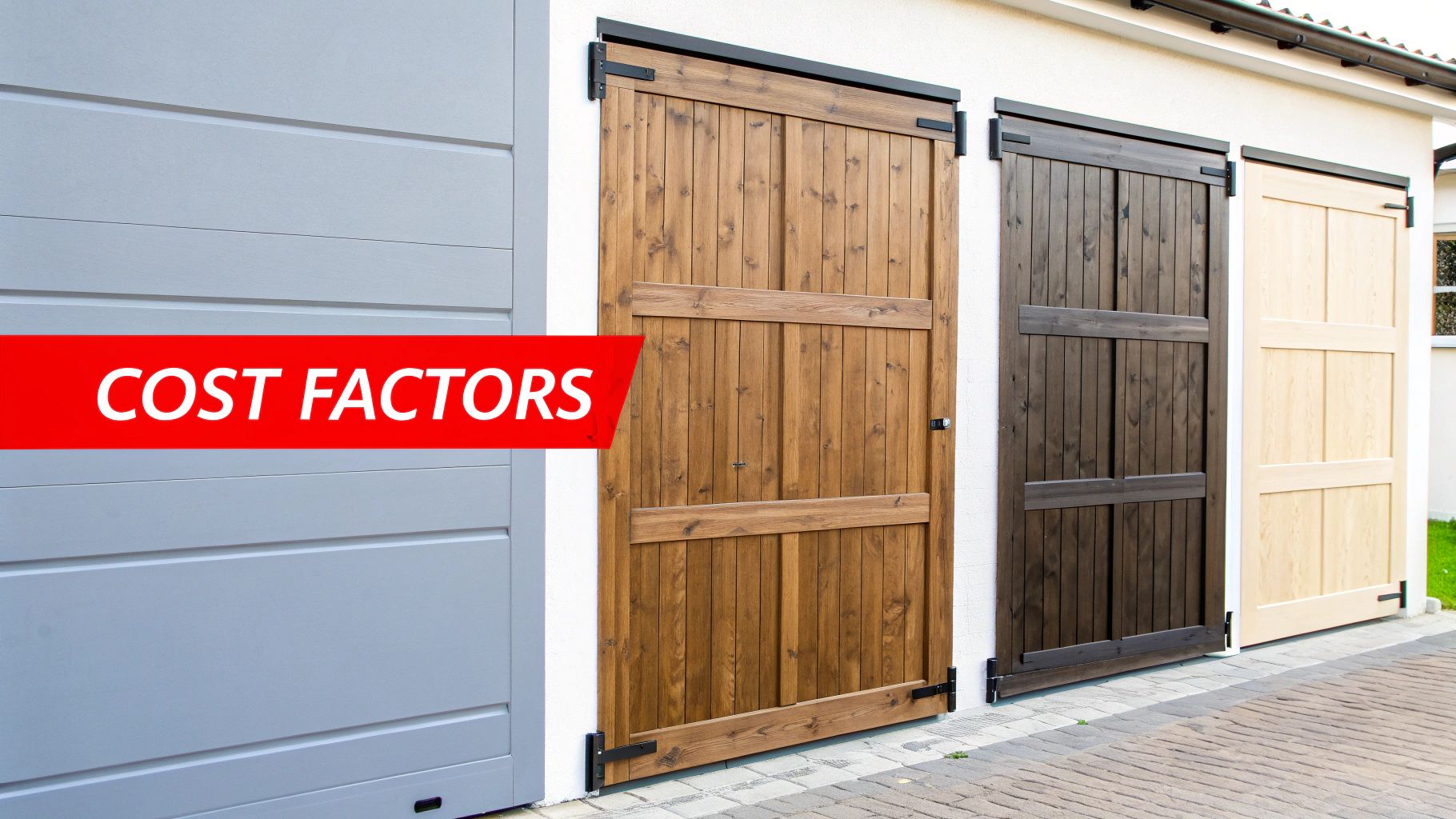 Modern wooden garage door on a brick home